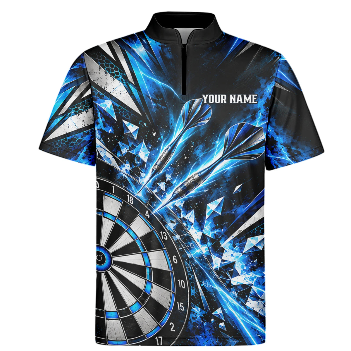 Personalisiertes Dartshirt in Schwarz, Blau und Silber mit geometrischen Splittern, Dartpfeilen und Dartscheibe für Herren N0176