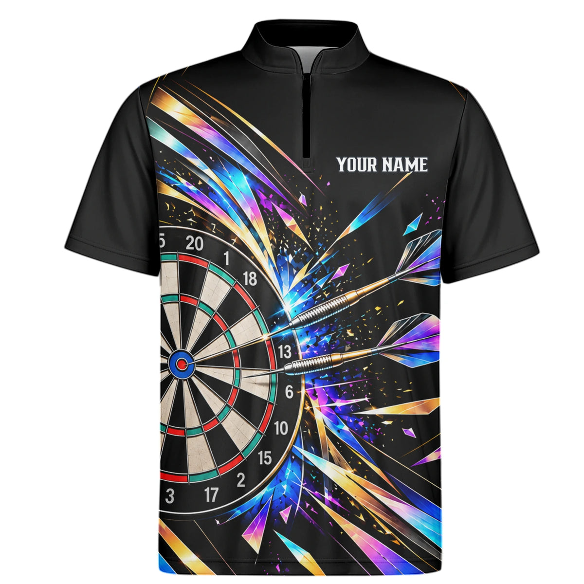 Personalisiertes Dartshirt in Schwarz mit bunten geometrischen Splittern und Dartscheibe für Herren L2897