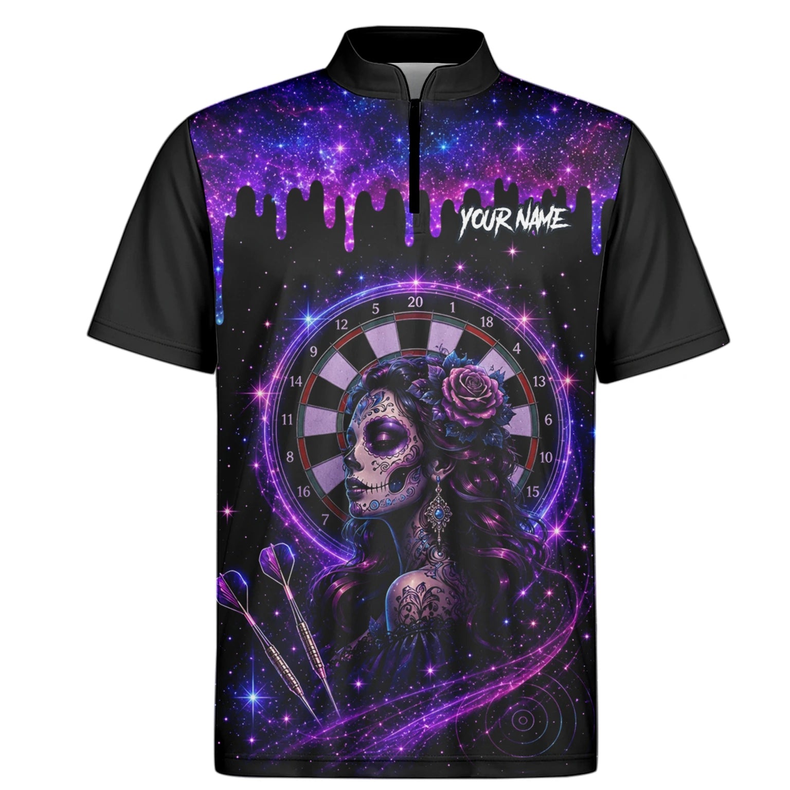 Personalisiertes Lila Galaxie Sugar-Skull-Dartshirt für Herren Z967