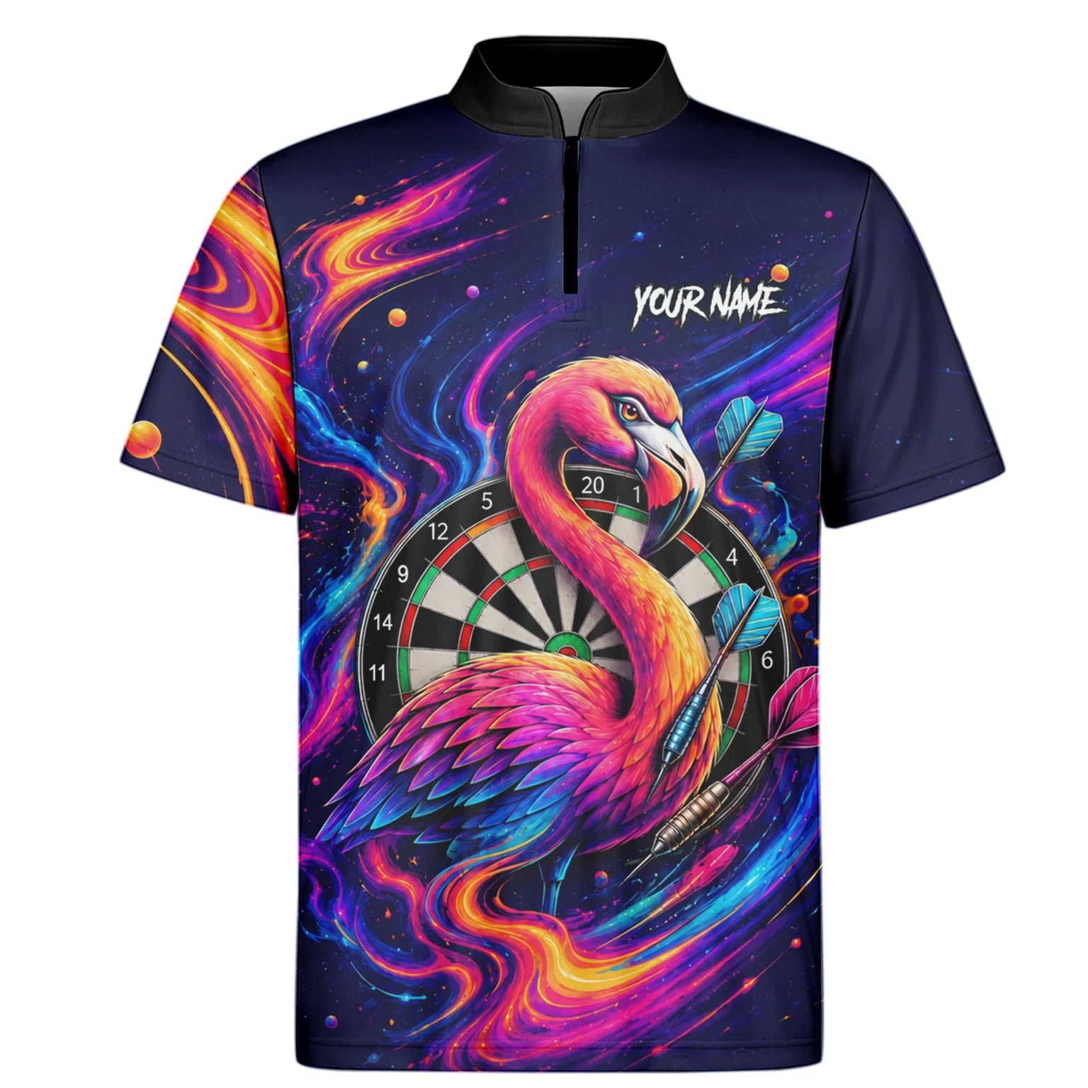 Personalisiertes Neon-Flamingo-Galaxie Dart Poloshirt für Herren D064