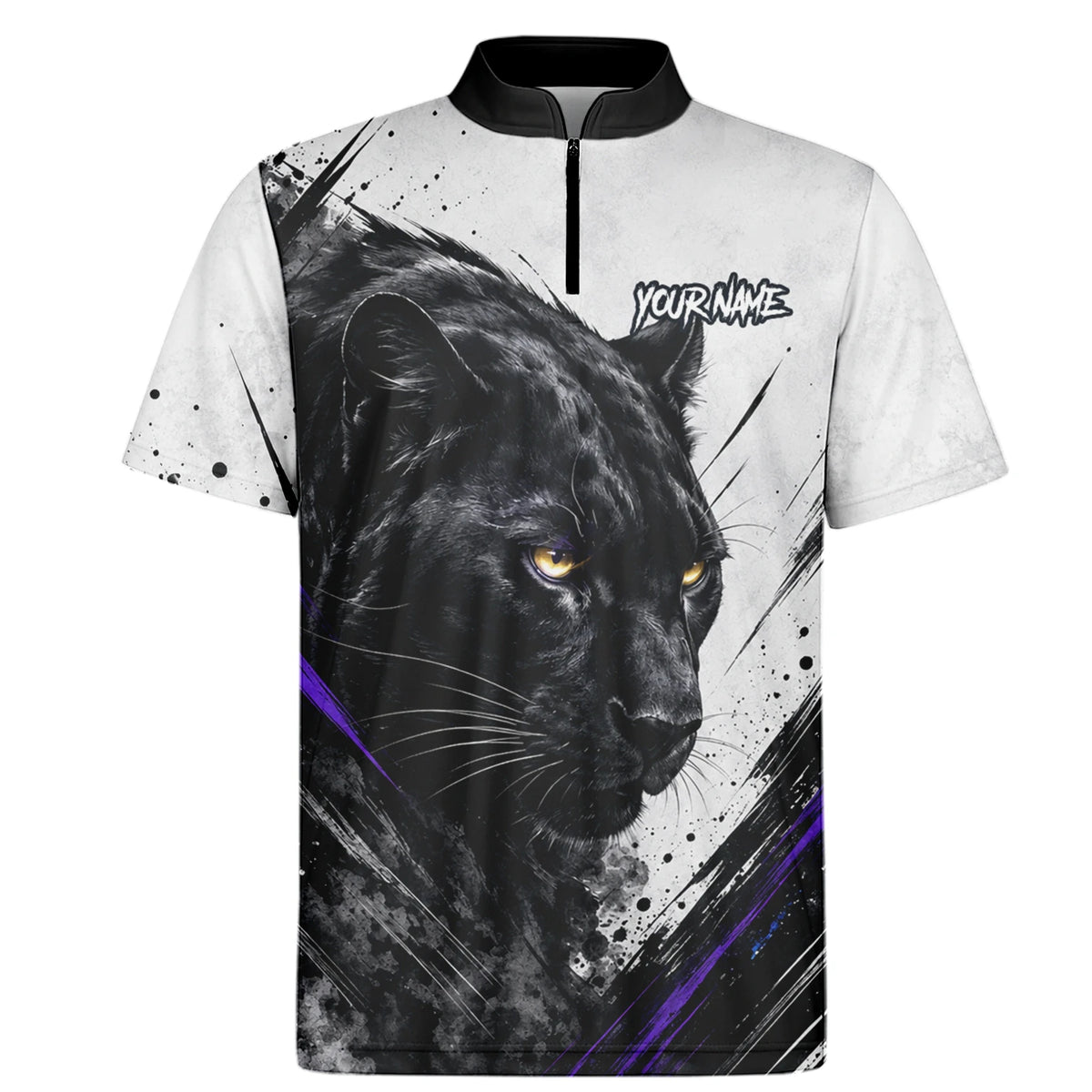 Personalisiertes Dartshirt mit weiß-schwarz-violettem Panther für Herren W442