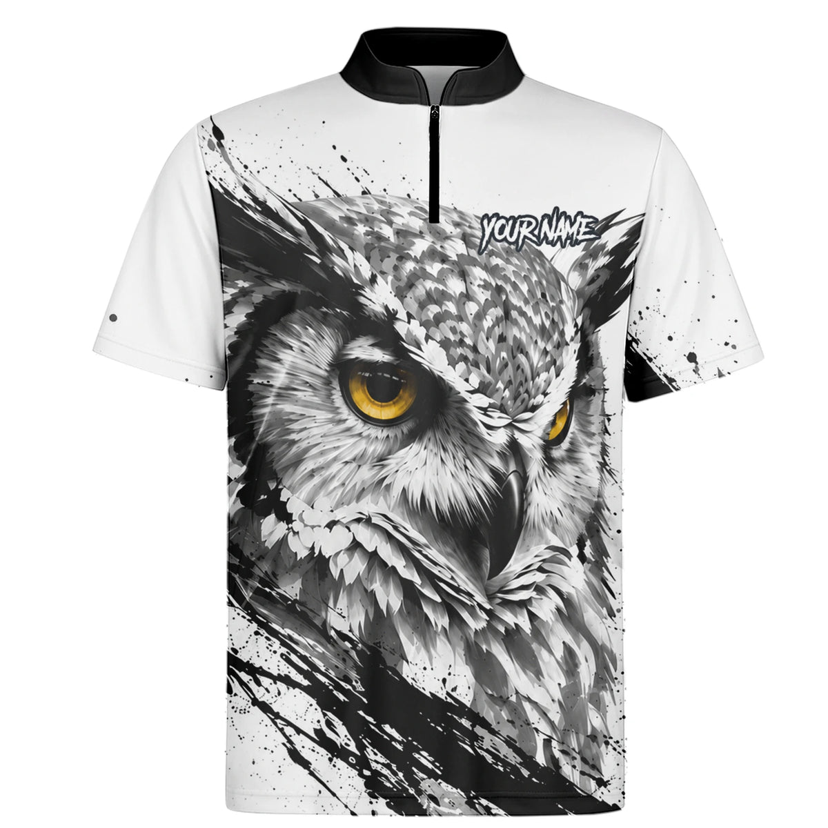 Personalisiertes Dartshirt mit weiß-schwarz-gelber Eule für Herren P128
