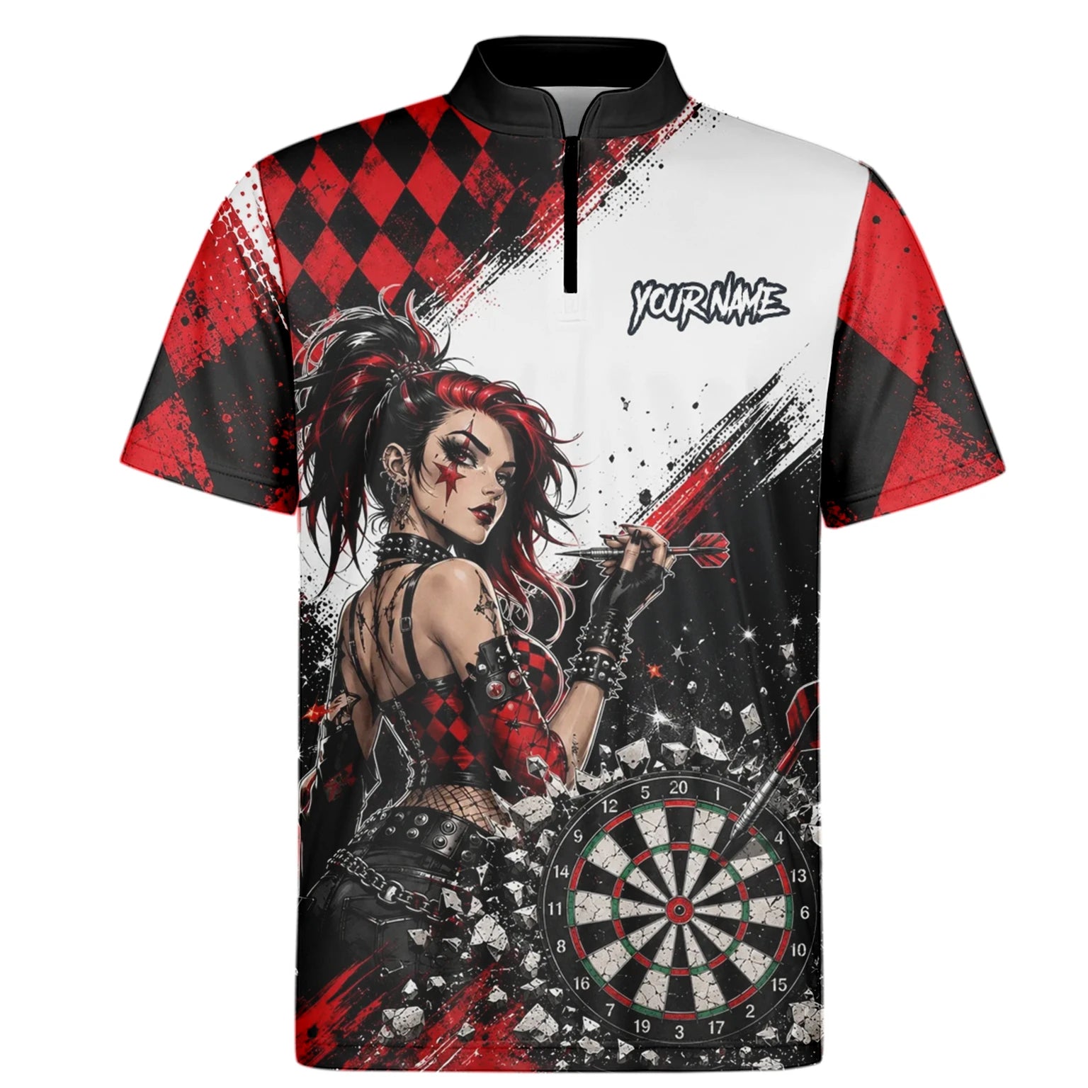 Personalisiertes Rot-schwarzes Gothic-Harlekin Dart Poloshirt für Herren K572