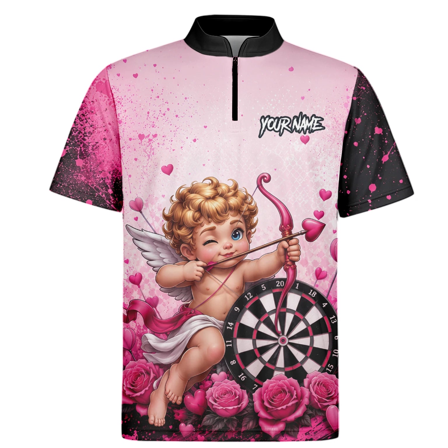 Personalisiertes Pink-schwarzes Amor-Dartboard Dartshirt für Herren I643