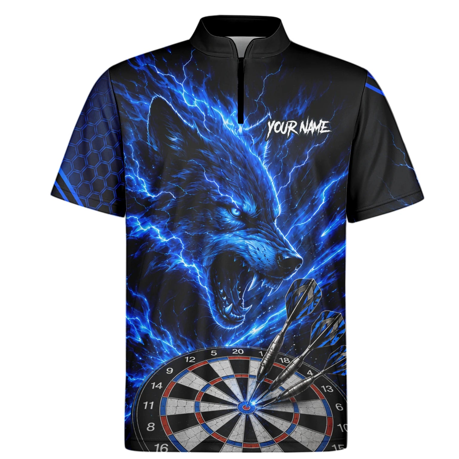 Personalisiertes Schwarz-blaues Wolf-Blitz-Dartshirt für Herren Y375