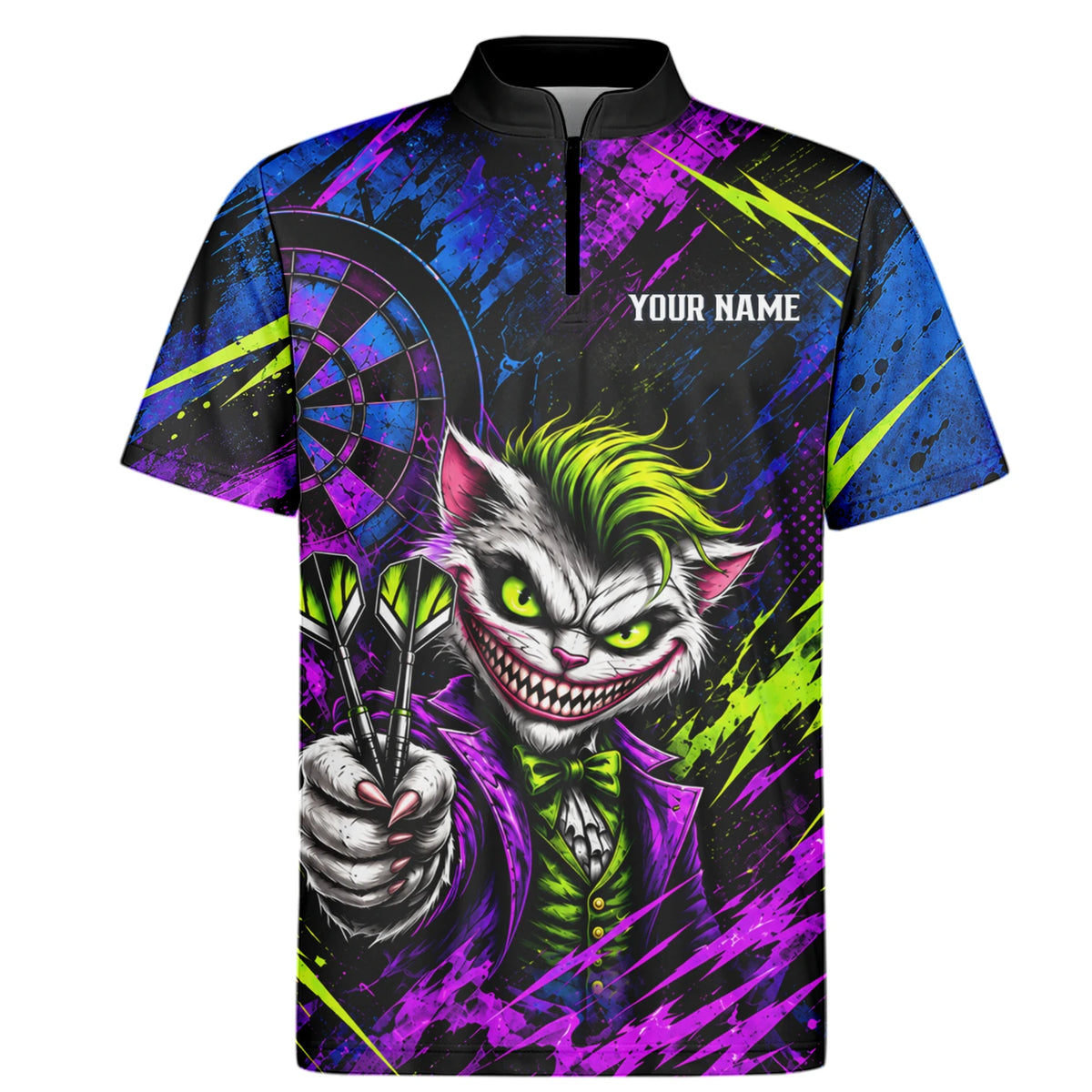 Personalisiertes Dartshirt in Schwarz, Grün und Lila mit grinsender Katze und Dartscheibe für Herren U0497