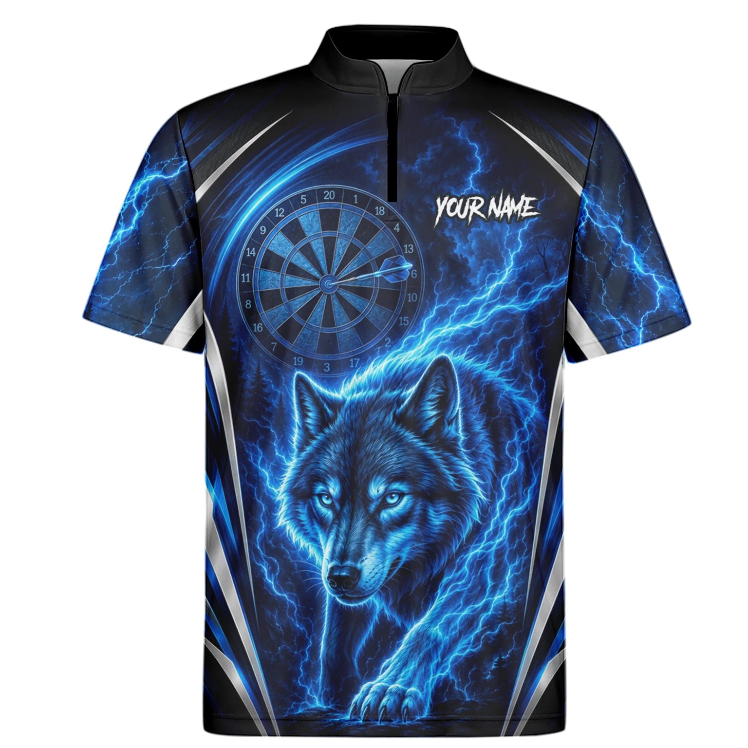 Personalisiertes Schwarz-blaues Wolf-Blitz-Dartshirt für Herren X929