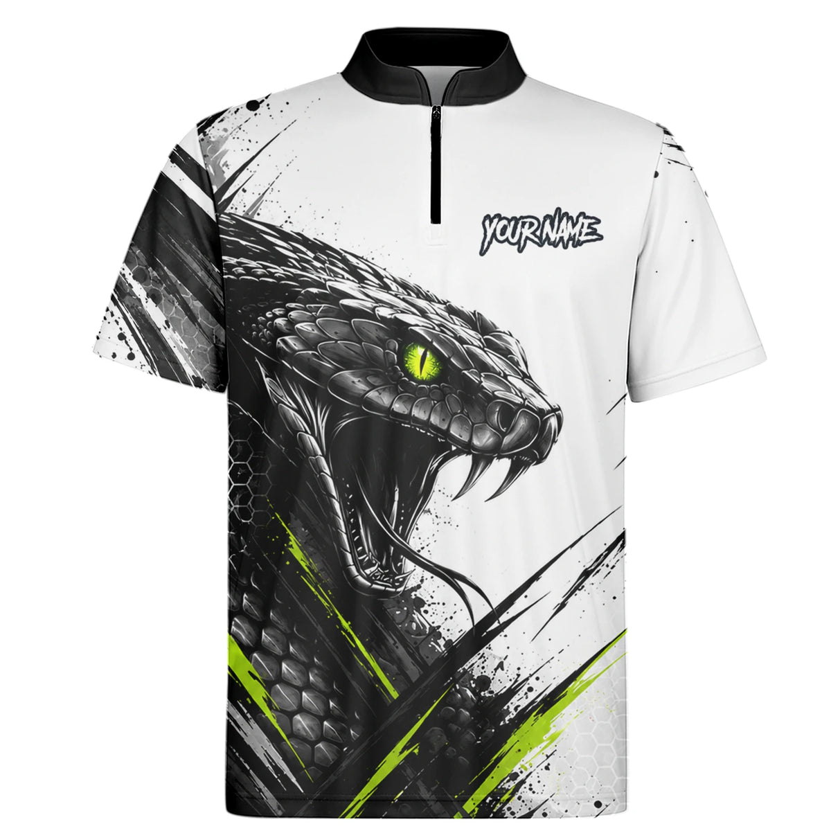 Personalisiertes Dartshirt mit weiß-schwarz-grüner Kobra für Herren I051