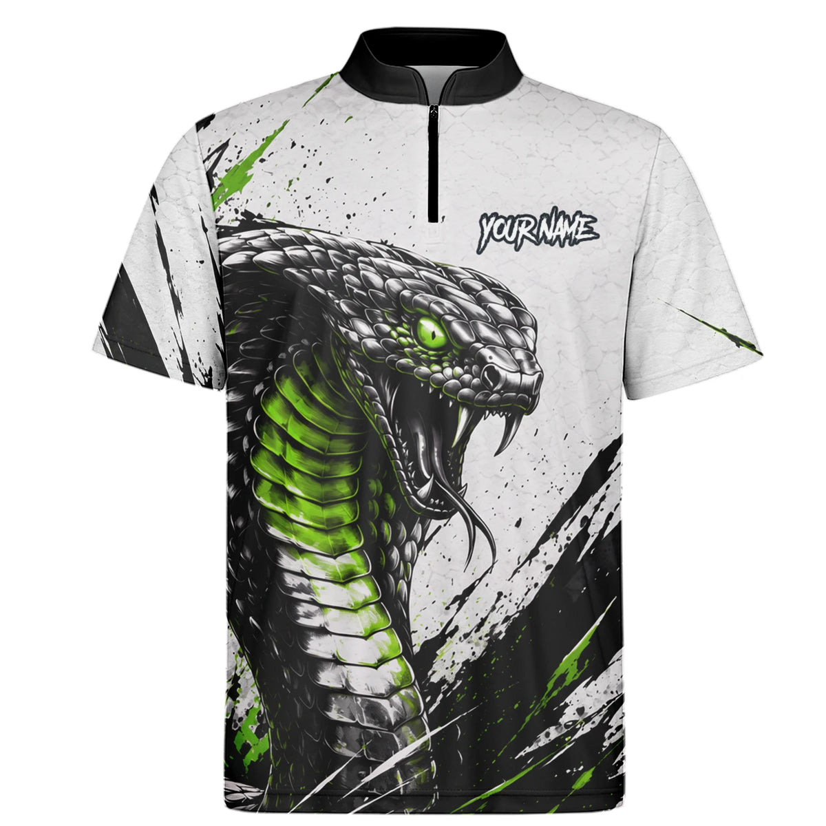 Personalisiertes Dartshirt mit weiß-schwarz-grüner Kobra für Herren A017