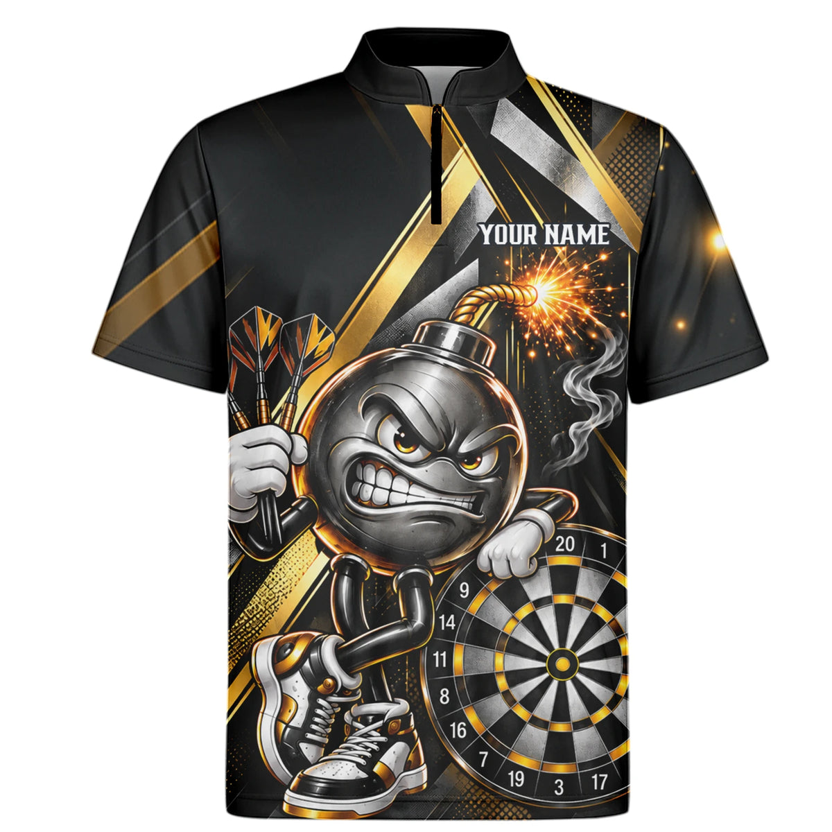 Personalisiertes Dartshirt in Schwarz und Gold mit wütender Comic-Bombe, Pokal und Dartscheibe für Herren R0150