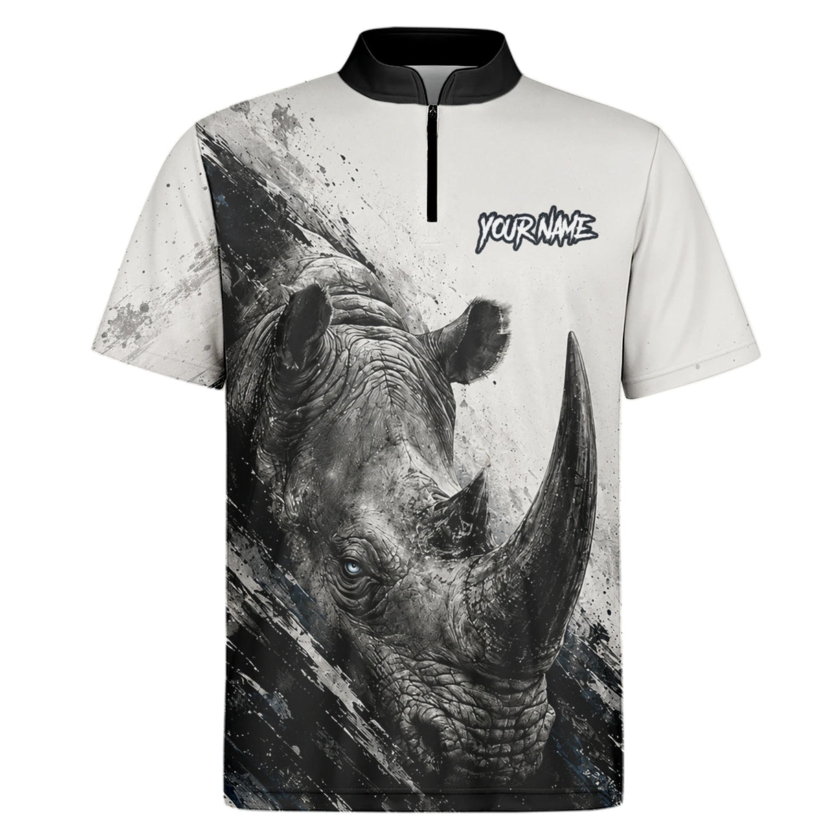 Personalisiertes Dartshirt mit weiß-schwarz-grauem Nashorn für Herren C312