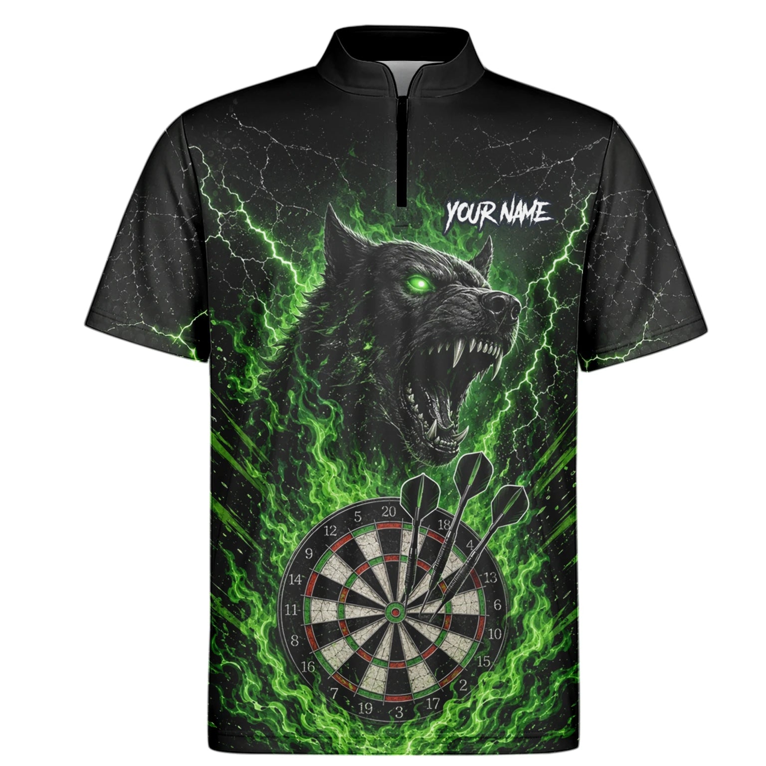 Personalisiertes Schwarz-grünes Wolf-Dartboard Dartshirt für Herren F303