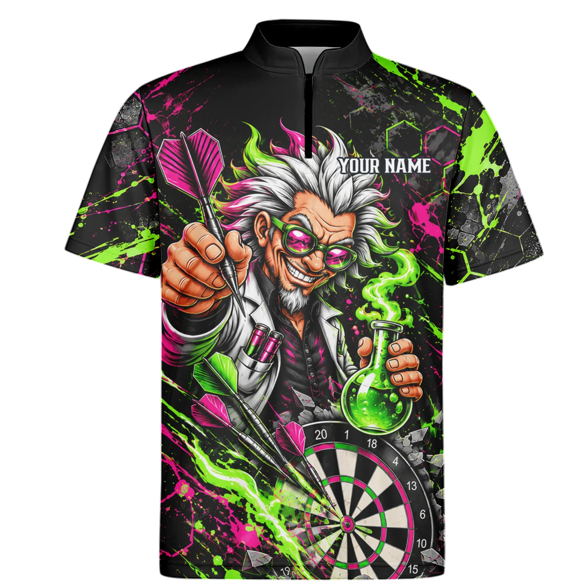 Personalisiertes Dartshirt in Schwarz, Grün und Pink mit verrücktem Wissenschaftler und Dartscheibe für Herren F9179
