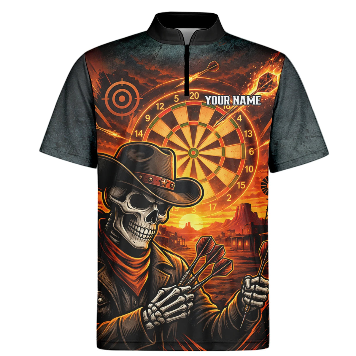 Personalisiertes Dartshirt in Schwarz und Orange mit Western-Cowboy-Totenkopf und Dartscheibe für Herren L8691