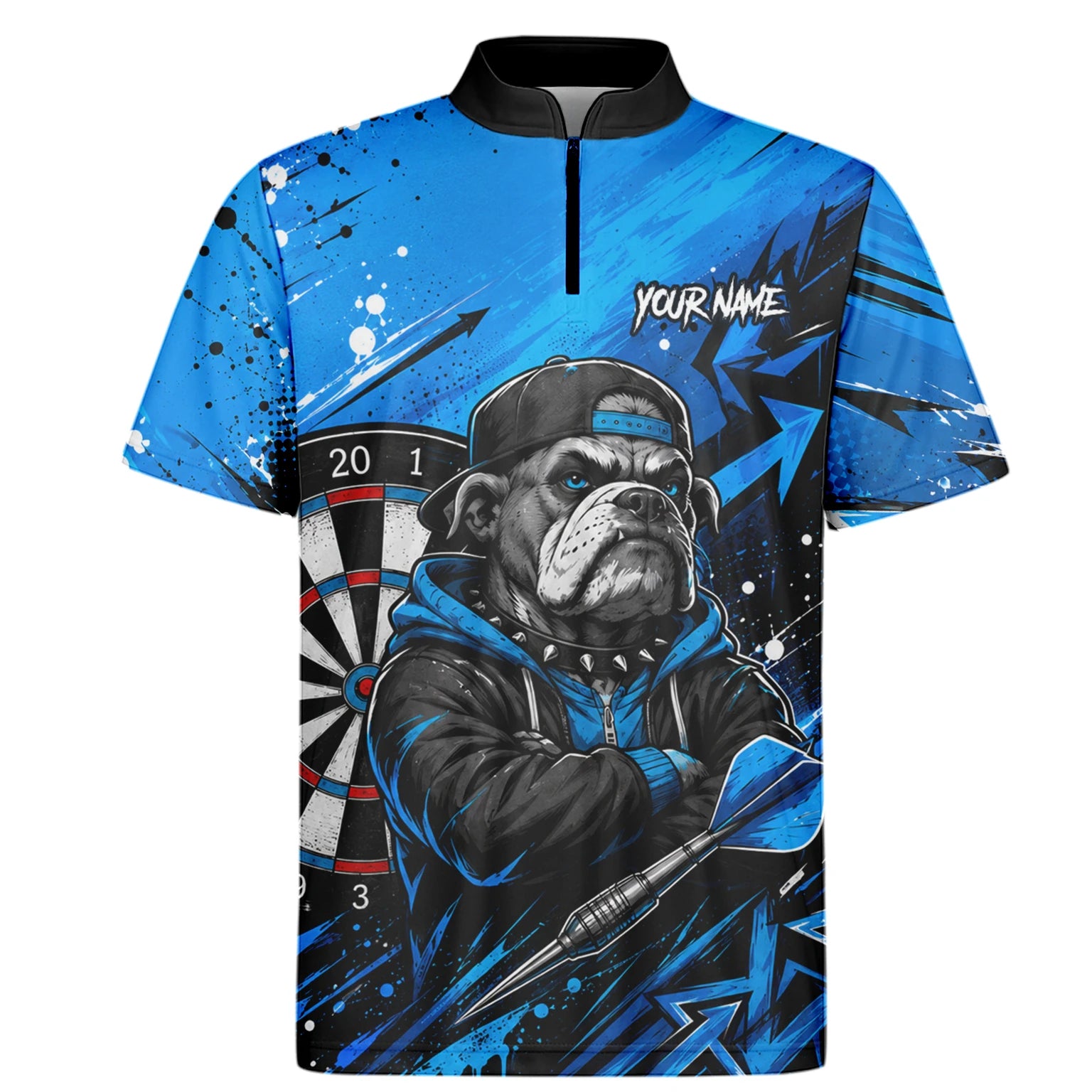 Personalisiertes Blau-schwarzes Bulldoggen-Dartshirt für Herren D529