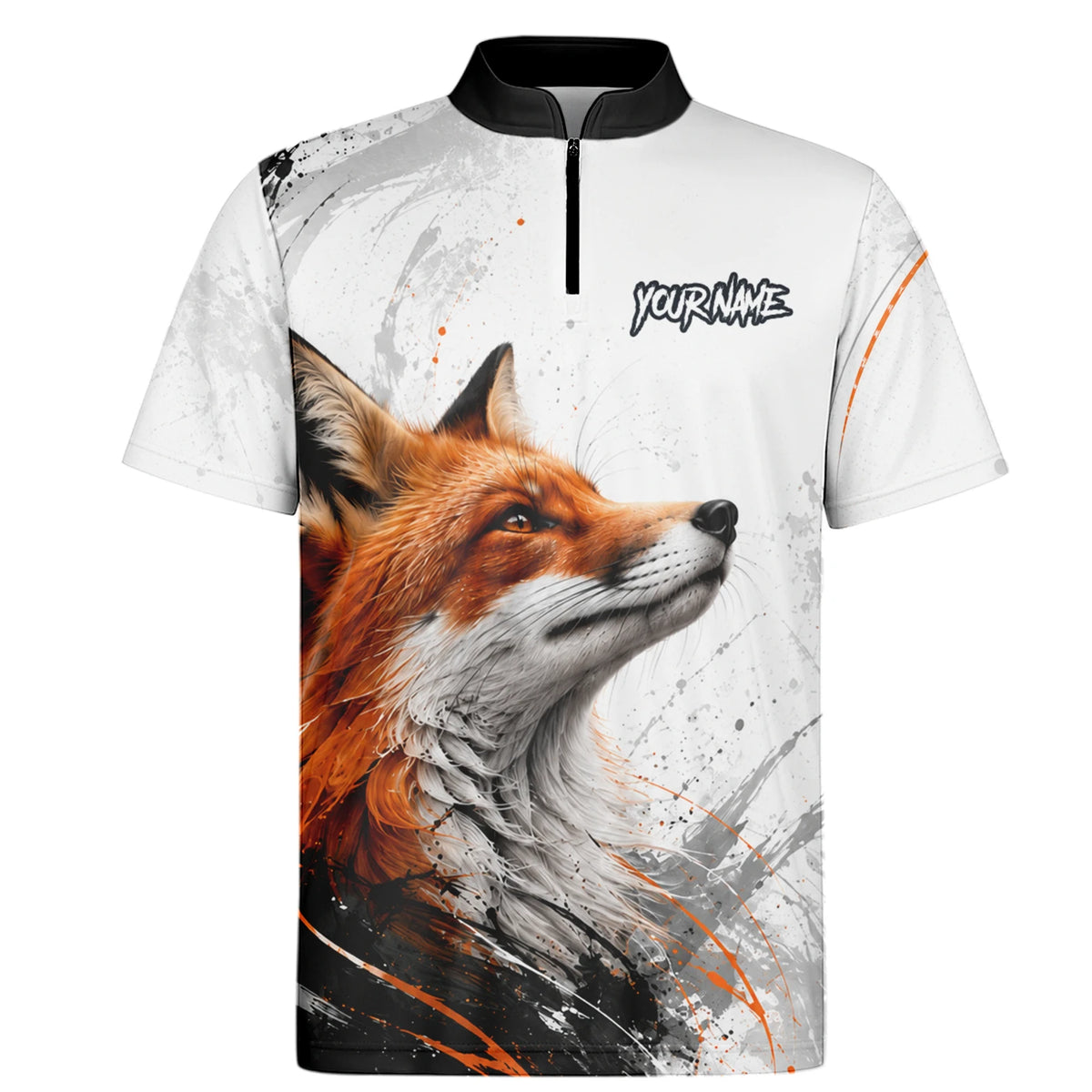 Personalisiertes Dartshirt mit weiß-schwarz-orangenem Fuchs für Herren D228