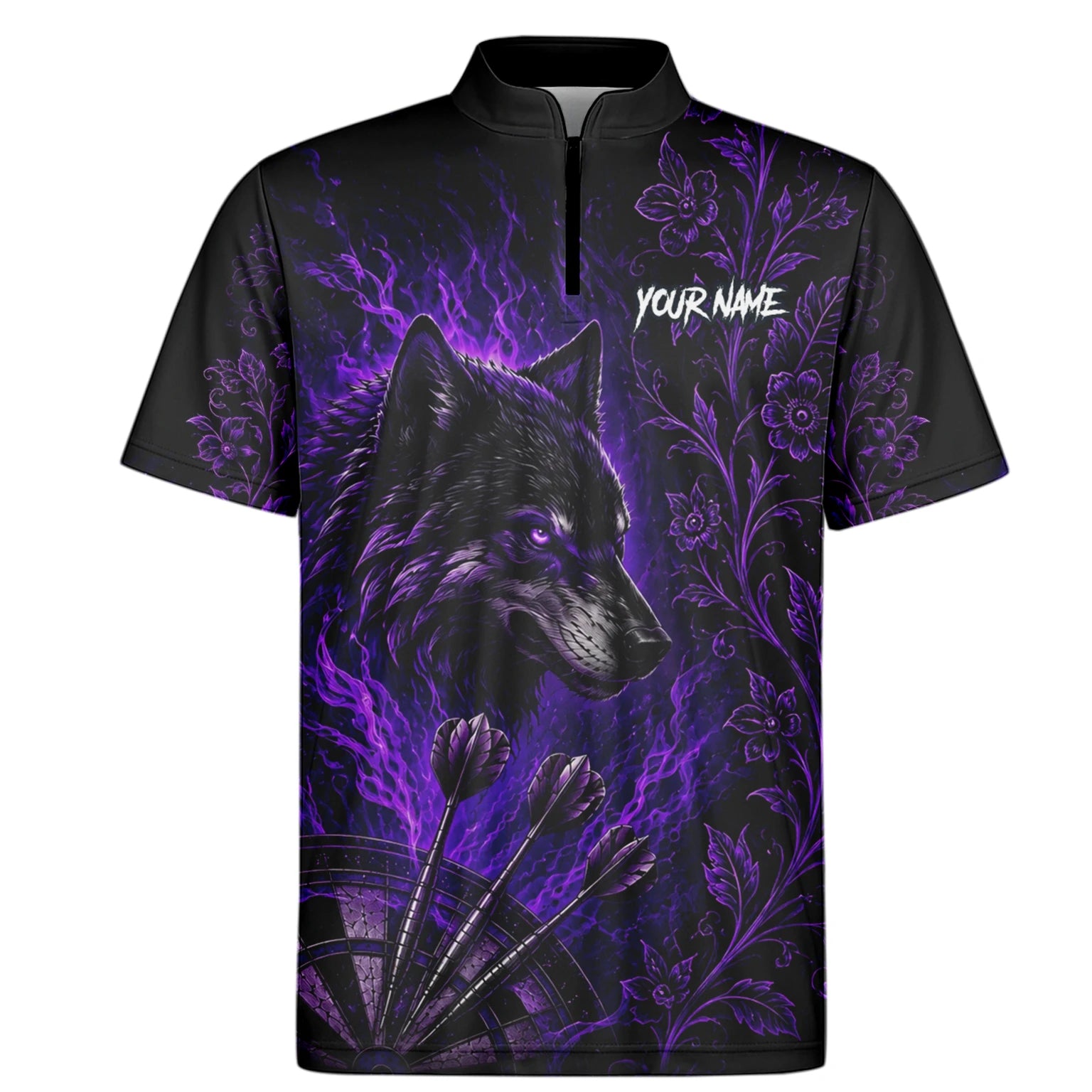 Personalisiertes Schwarz-lila Wolf-Dartboard Dartshirt für Herren J133