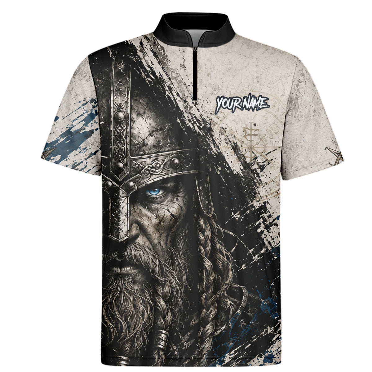 Personalisiertes Dartshirt mit weiß-schwarz-blauem Wikinger für Herren U843