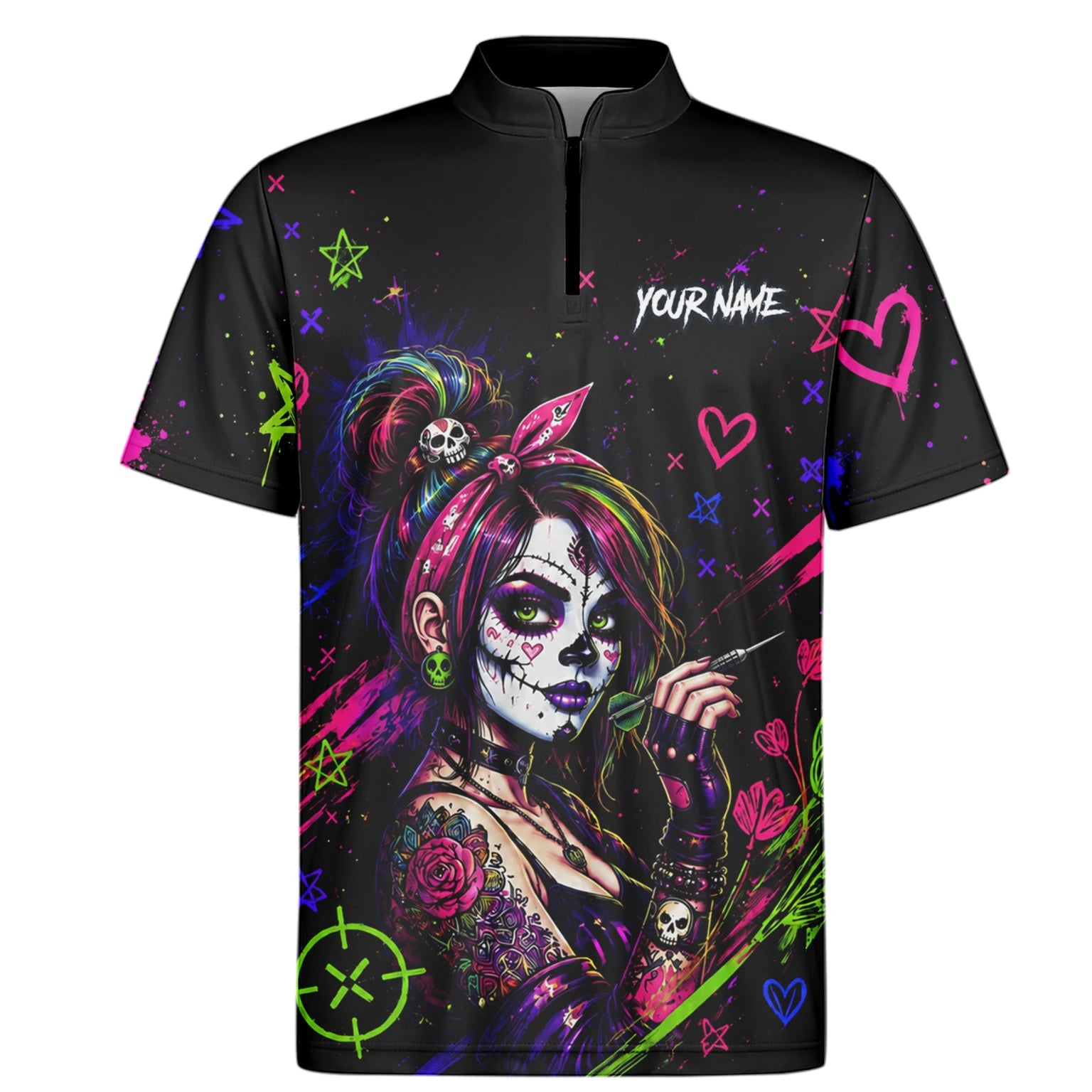 Personalisiertes Schwarz-neonfarbenes Sugar-Skull-Frauen-Dartshirt für Herren K745
