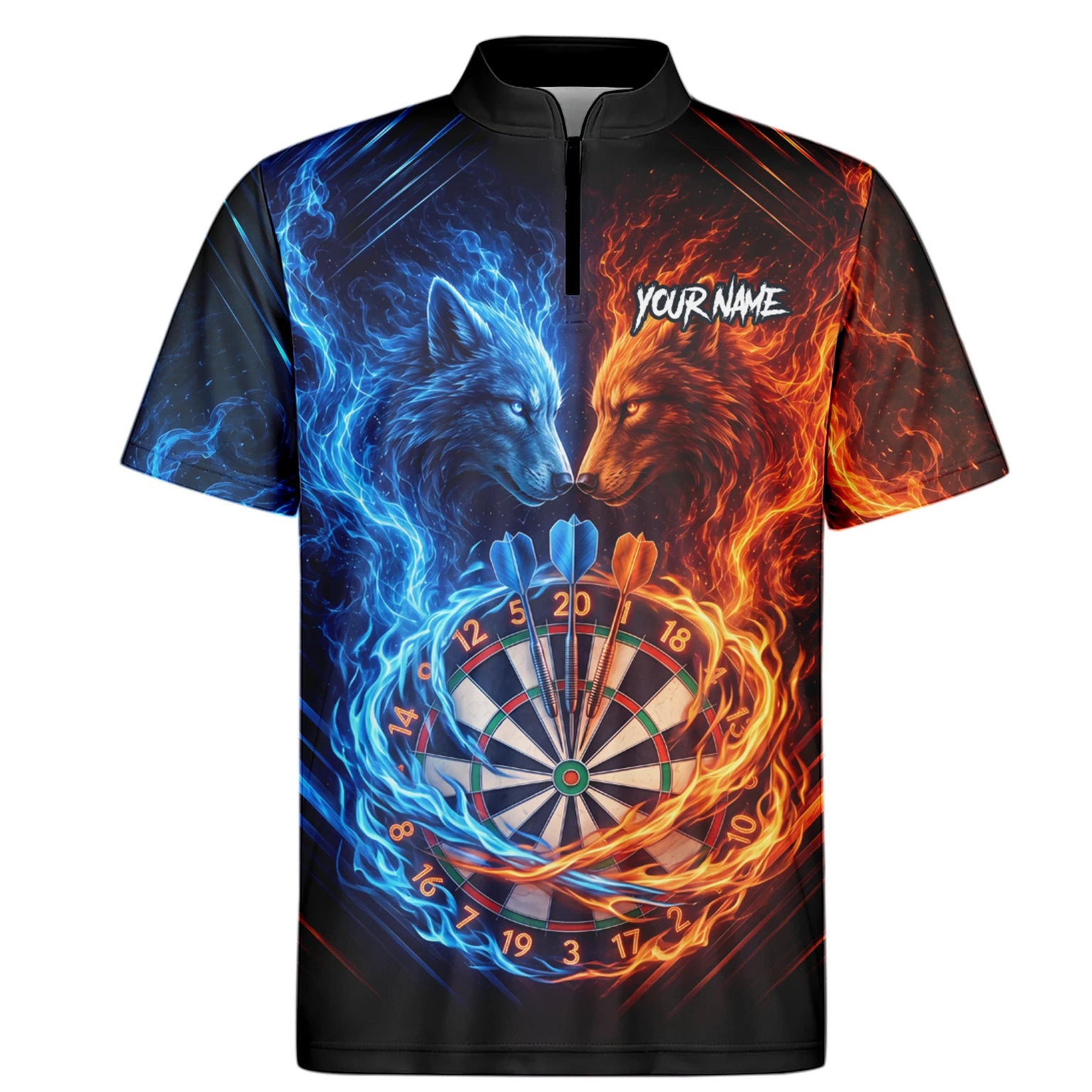 Personalisiertes Blau-oranges Wolf-Flammen-Dartboard Dartshirt für Herren A749