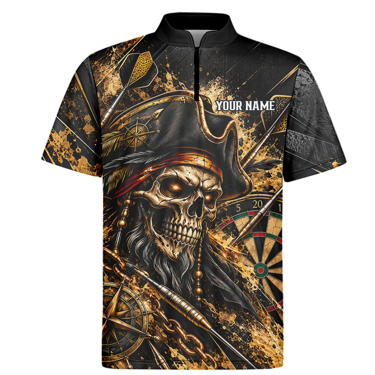 Personalisiertes Dartshirt in Schwarz und Gold mit Piraten-Totenkopf und Dartscheibe für Herren X7403