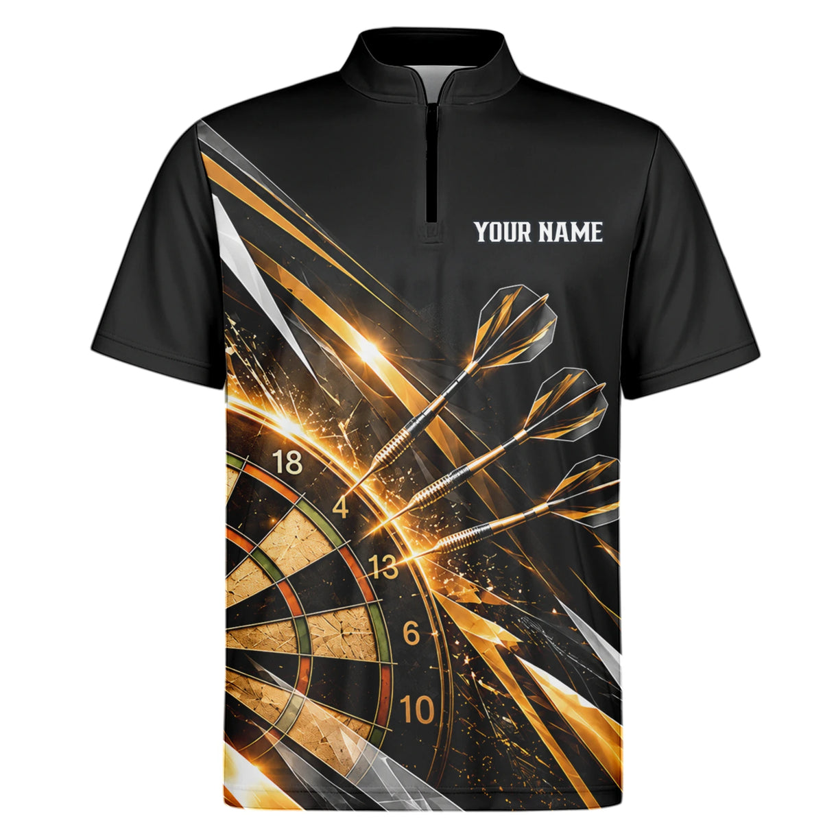 Personalisiertes Dartshirt in Schwarz, Gold und Weiß mit geometrischen Linien, Dartpfeilen, Krone und Dartscheibe für Herren V3775