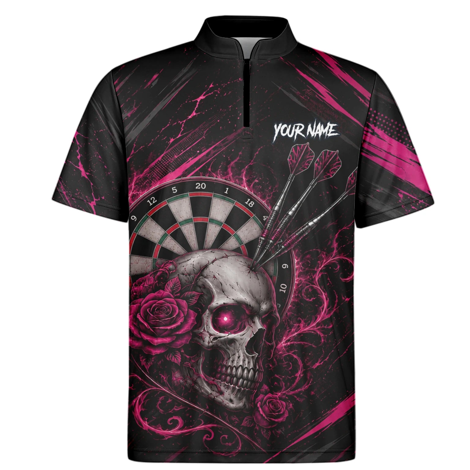 Personalisiertes Schwarz-pink Totenkopf-und-Rosen-Dartshirt für Herren V308