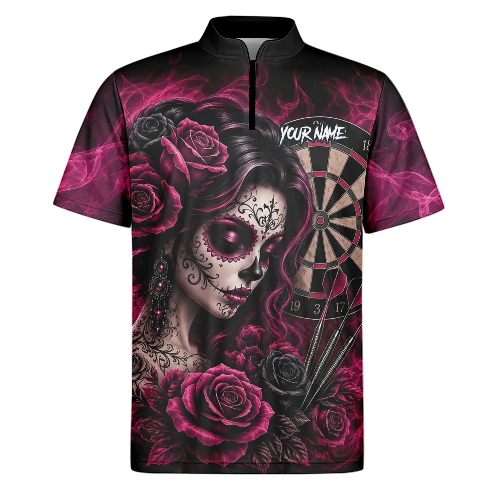 Personalisiertes Schwarz-pink Sugar-Skull-Rosen-Dartshirt für Herren Z109