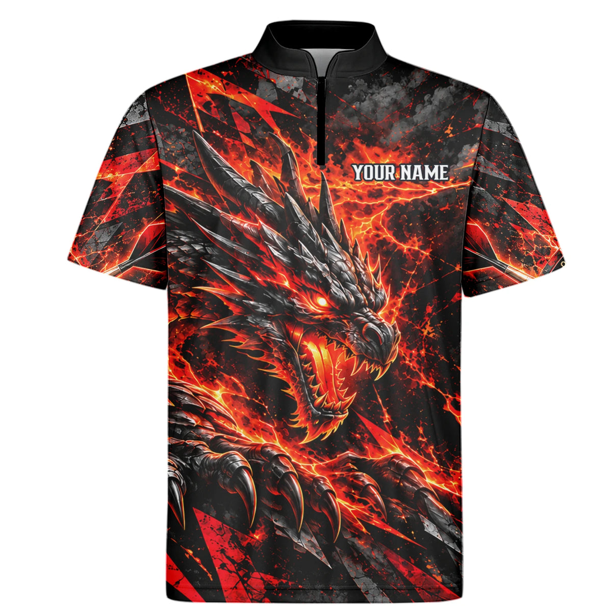Personalisiertes Dartshirt mit schwarz-rotem Feuerdrachen und Dartscheibe für Herren B0683