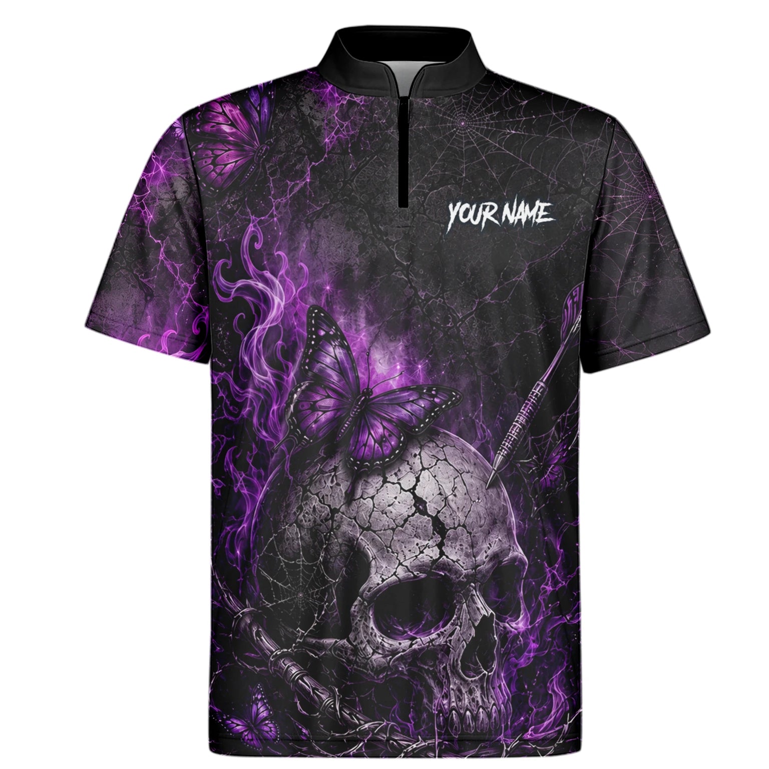Personalisiertes Schwarz-lila Totenkopf-Schmetterling-Dartshirt für Herren Q241