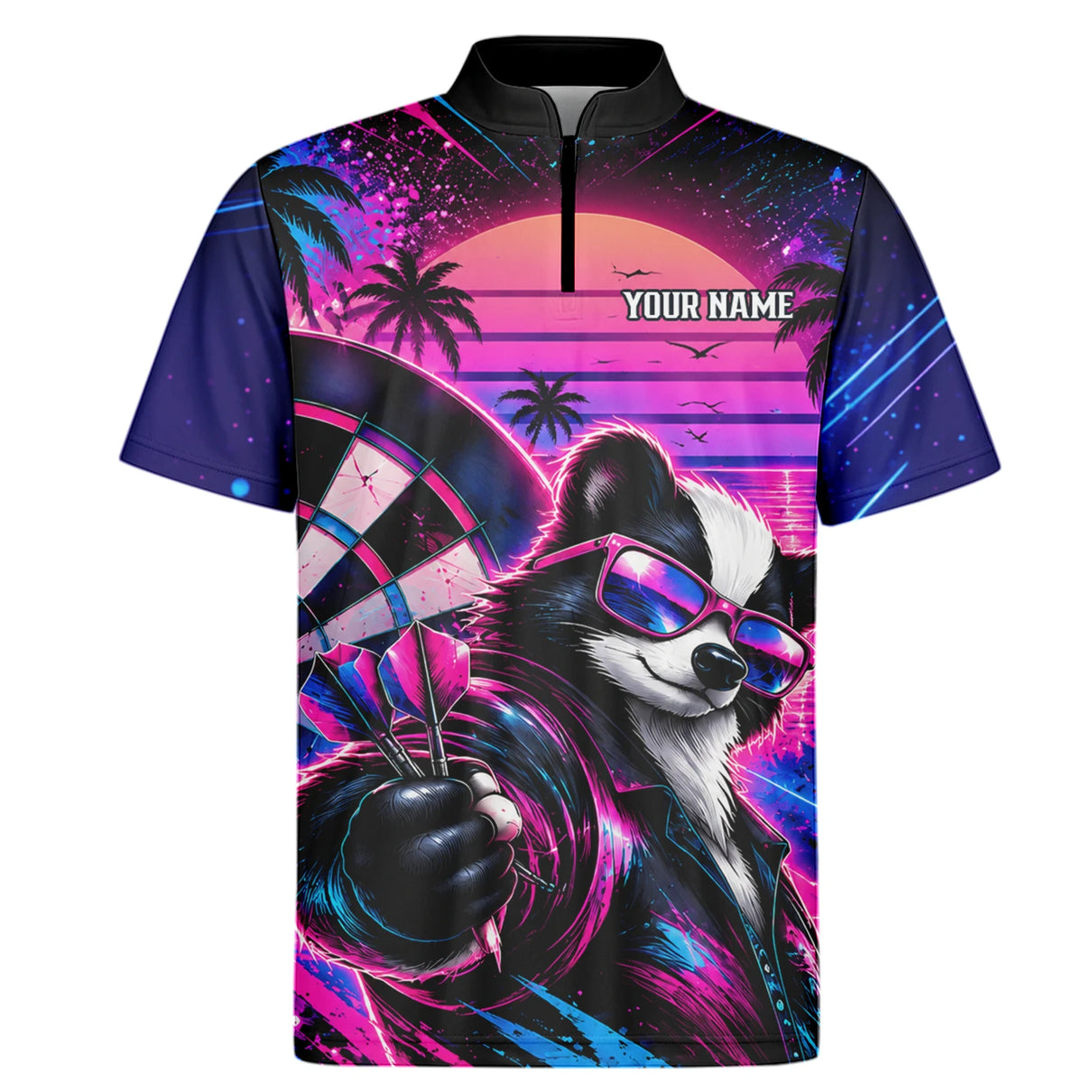 Personalisiertes Dartshirt in Pink, Lila und Blau mit Neon-Waschbären, Palmen, Sonnenuntergang und Dartscheibe für Herren N5114
