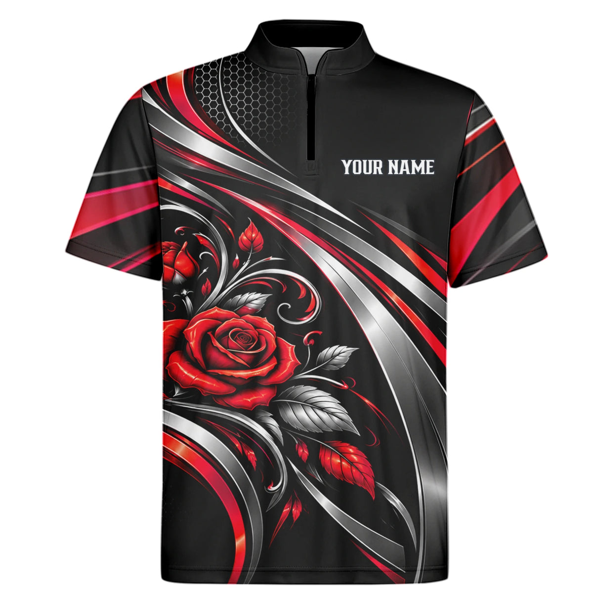 Personalisiertes Dartshirt in Schwarz, Rot und Silber mit Rosen, Flügeln und Dartscheibe für Herren Y2535