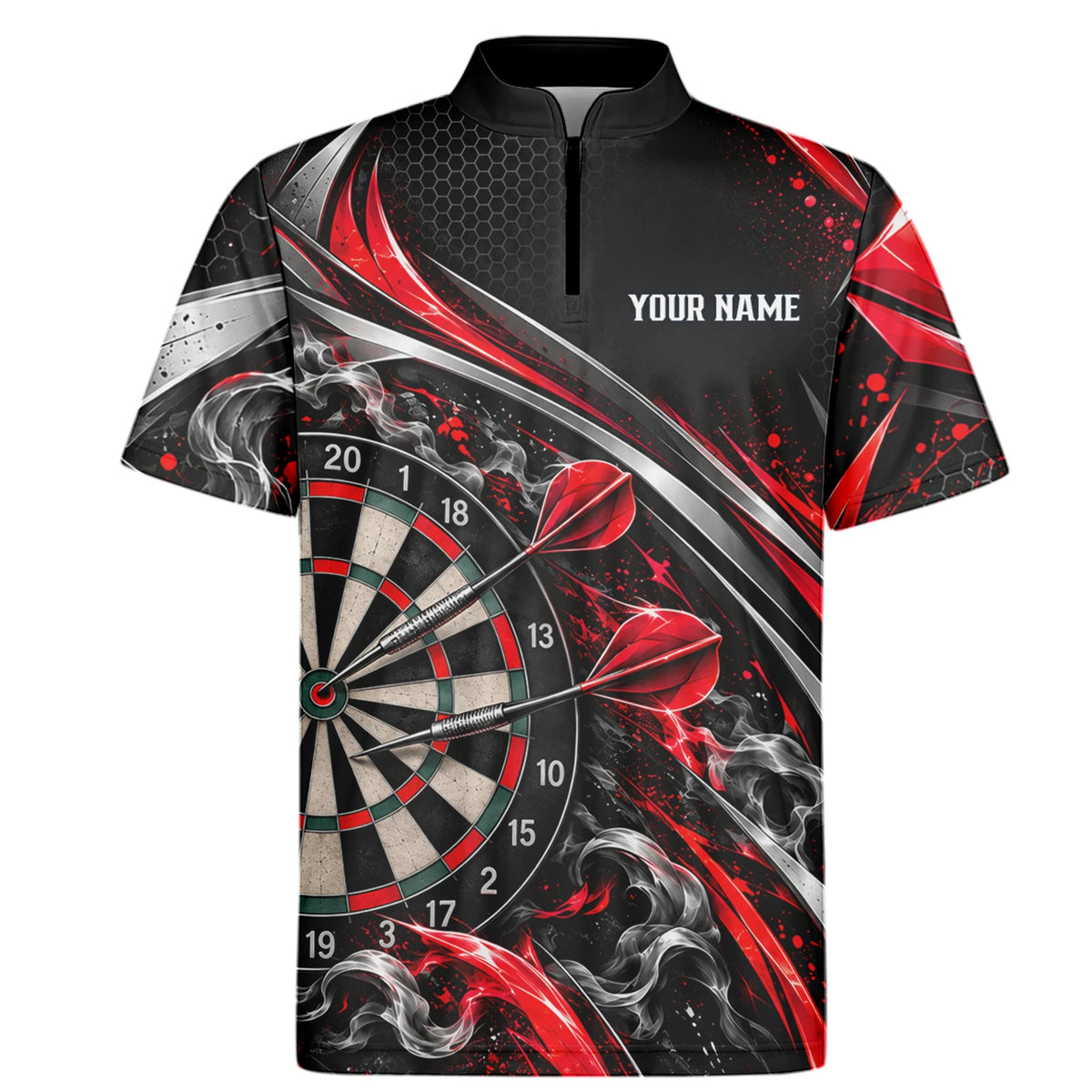 Personalisiertes Dartshirt in Schwarz, Rot und Silber mit geschwungenen Linien und Dartscheibe für Herren L9172