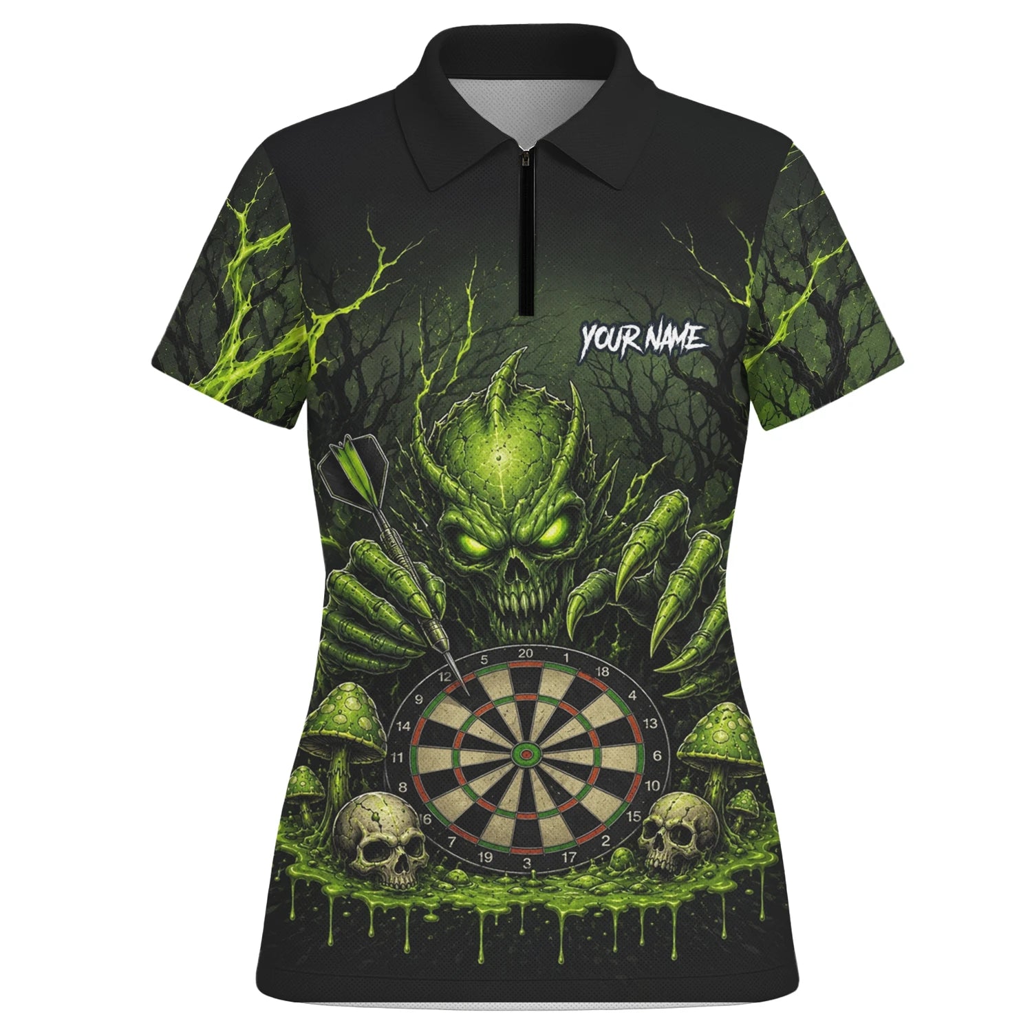 Personalisiertes Schwarz-grünes Monster-Totenkopf-Dartboard Dartshirt für Damen A277