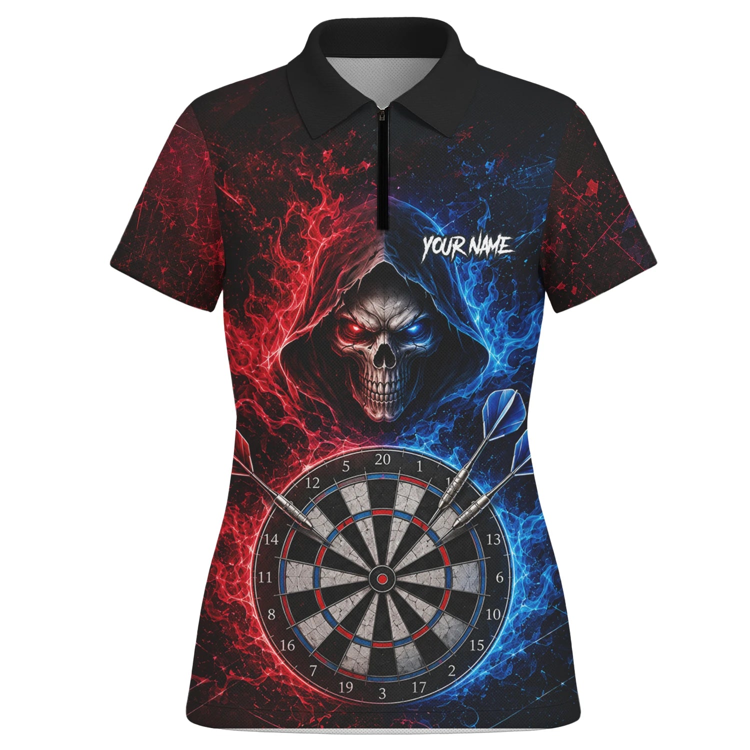 Personalisiertes Rot-blaues Totenkopf Dart Poloshirt für Damen L857
