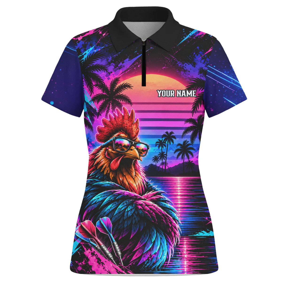 Personalisiertes Dartshirt in Pink, Lila und Blau mit Hahn, Palmen, Sonnenuntergang und Dartscheibe für Damen Q6611