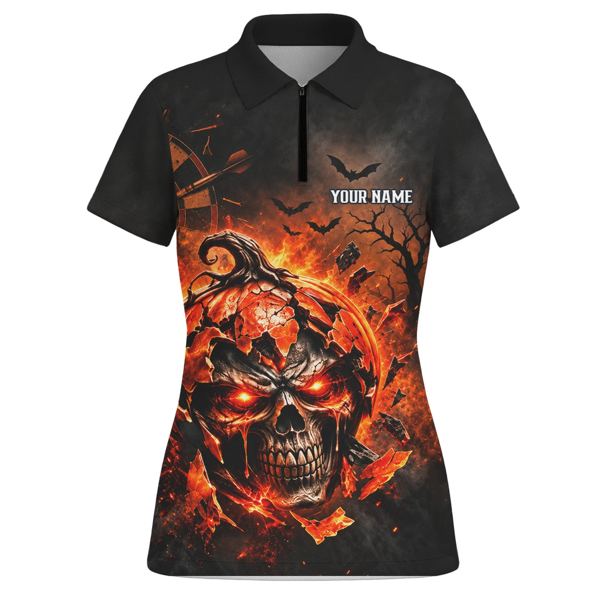 Personalisiertes Dartshirt in Schwarz und Orange mit flammendem Kürbis-Totenkopf und Dartscheibe für Damen S4076