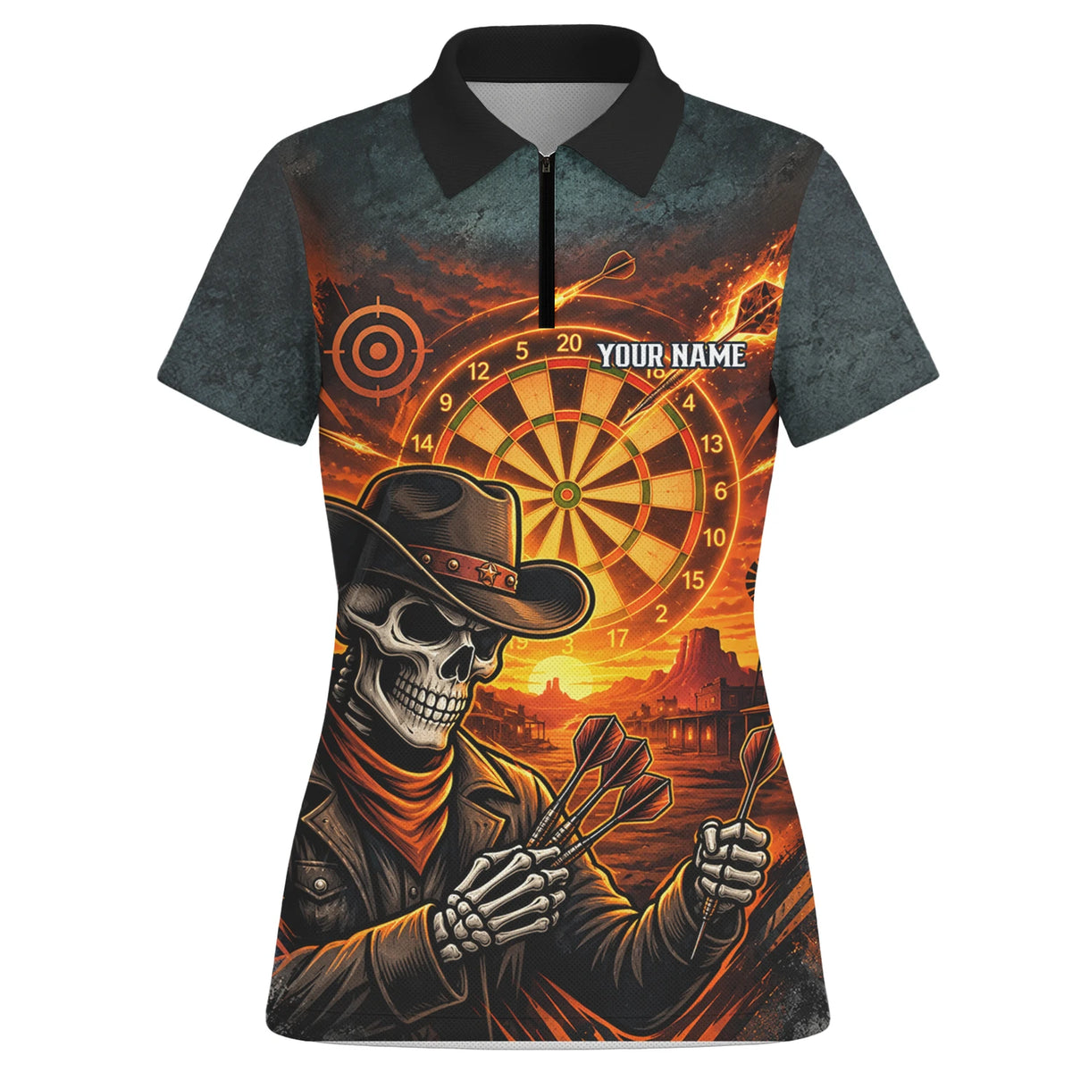 Personalisiertes Dartshirt in Schwarz und Orange mit Western-Cowboy-Totenkopf und Dartscheibe für Damen L8691