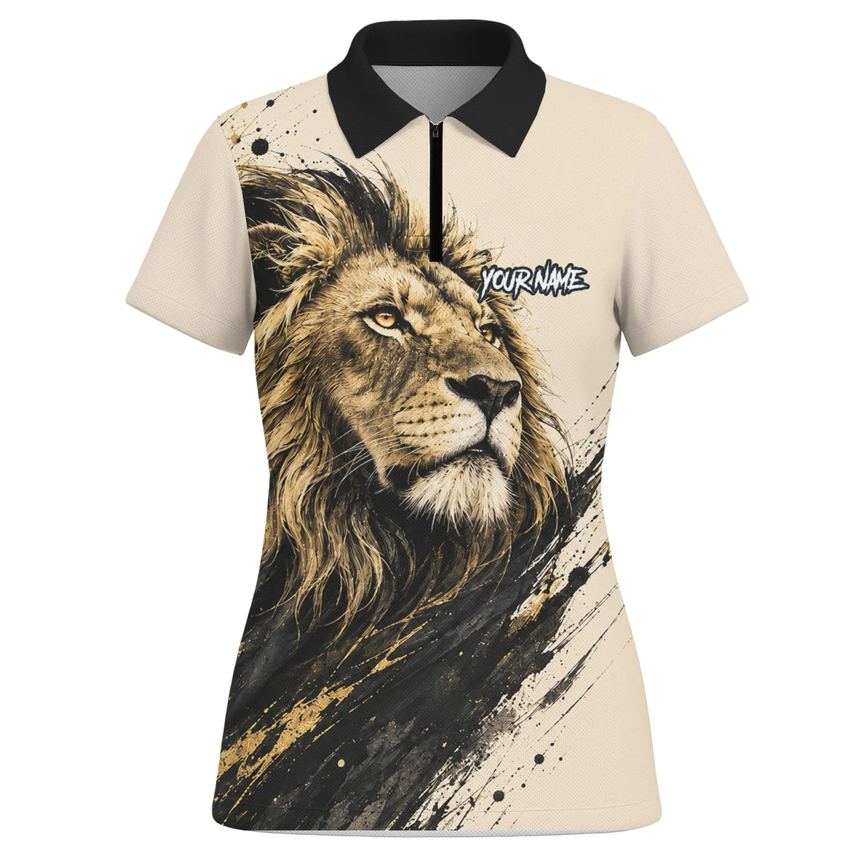 Personalisiertes Dartshirt mit creme-schwarz-goldenem Löwen für Damen Q209