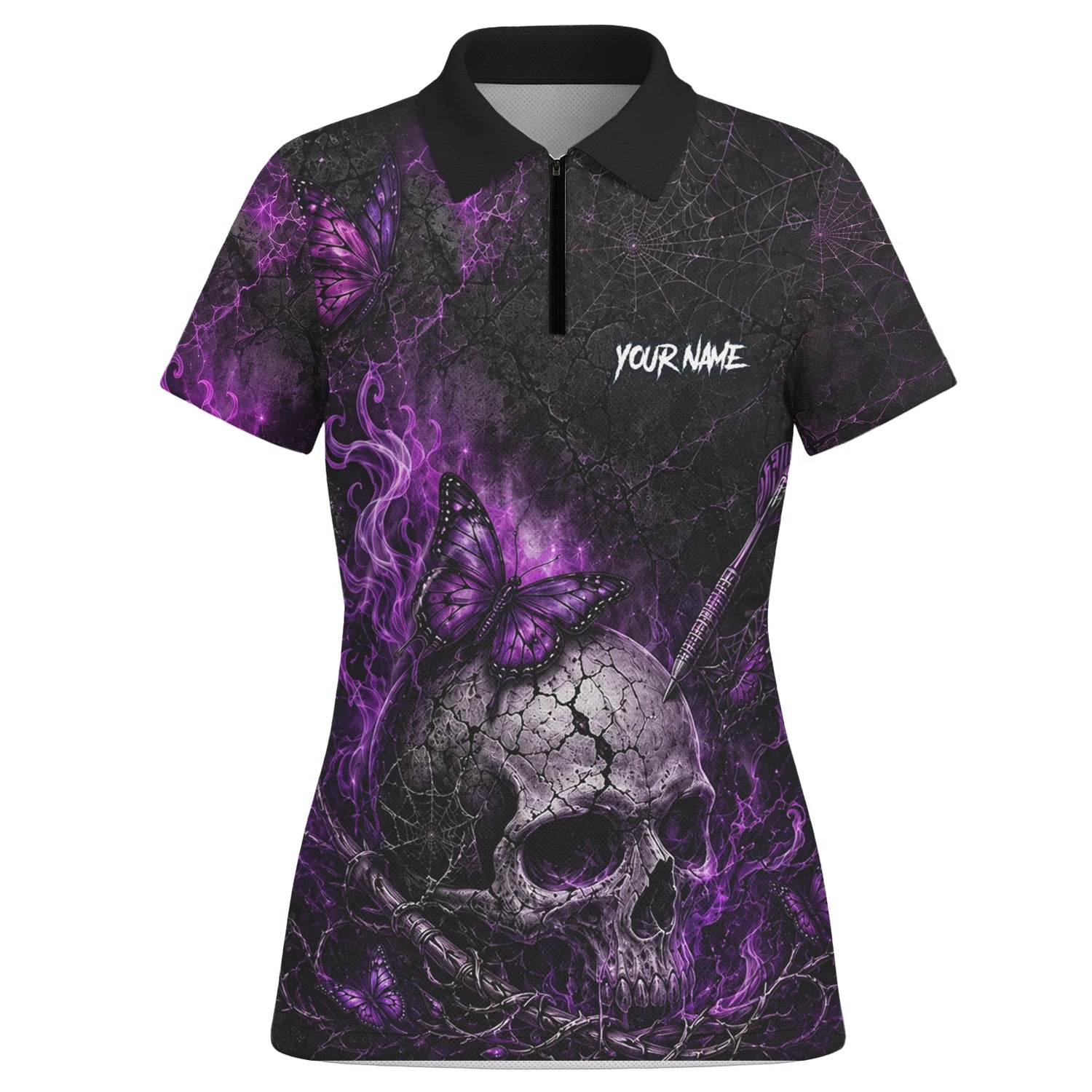 Personalisiertes Schwarz-lila Totenkopf-Schmetterling-Dartshirt für Damen Q241