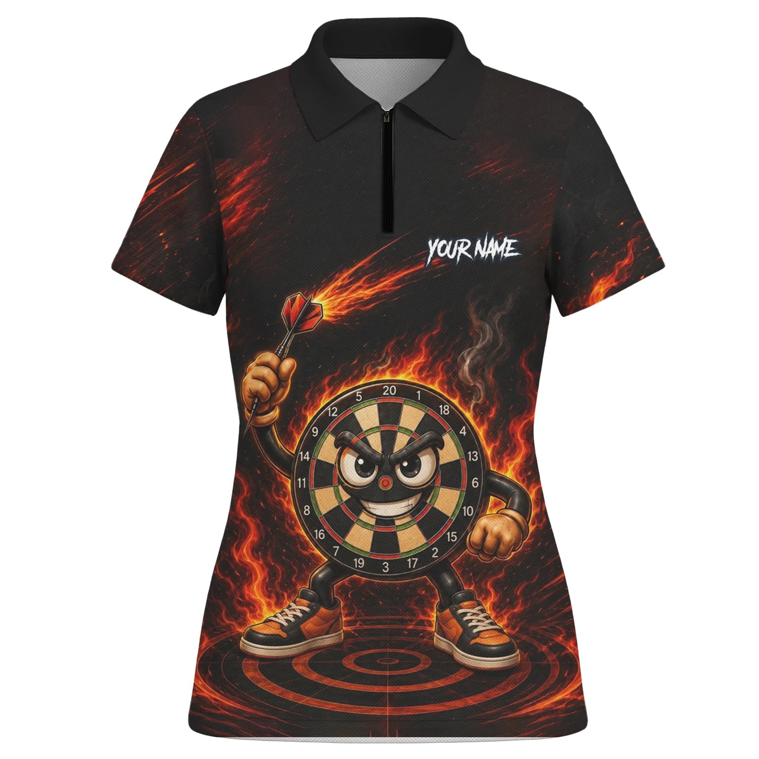 Personalisiertes Schwarz-rotes Flammen-Dartboard-Dartshirt für Damen W224
