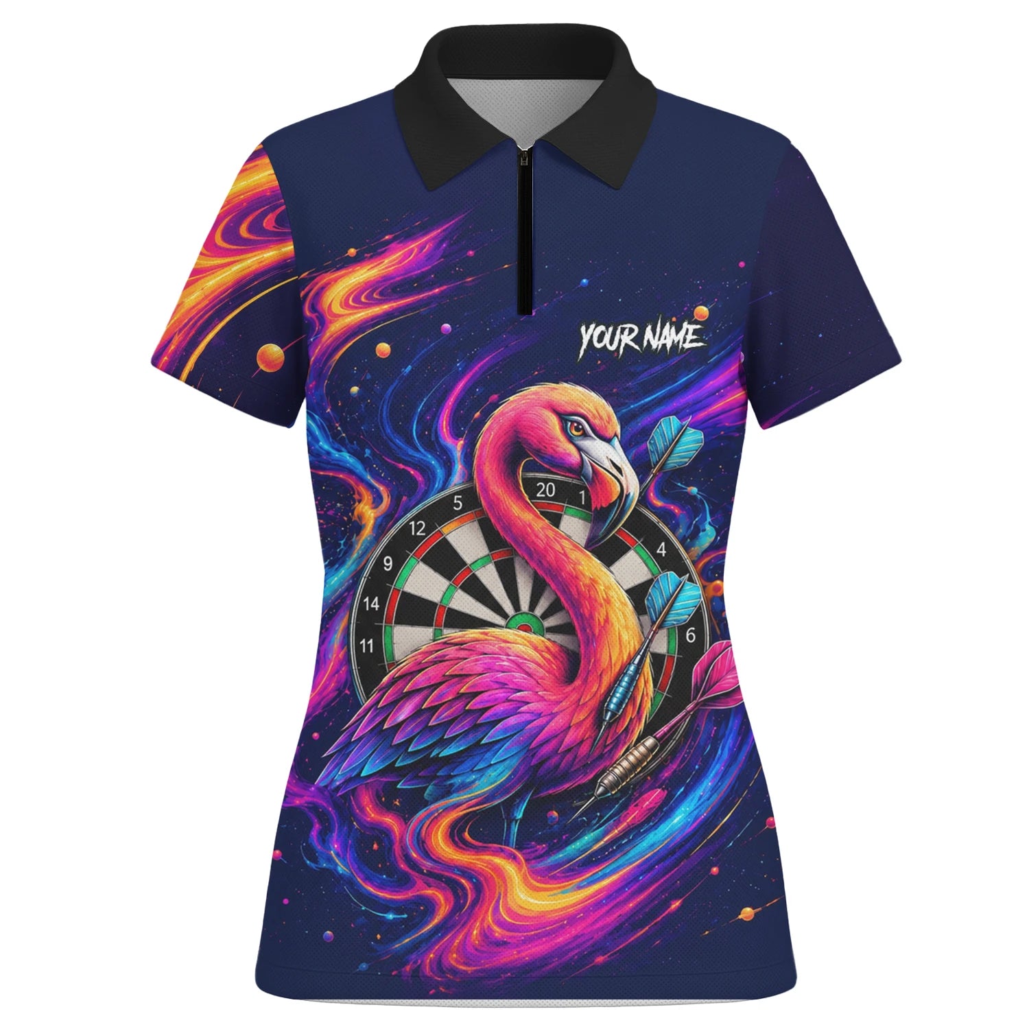 Personalisiertes Neon-Flamingo-Galaxie Dart Poloshirt für Damen D064