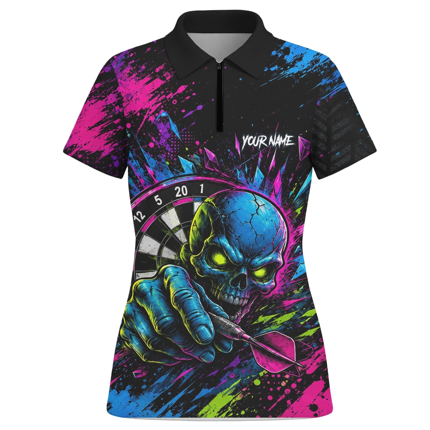 Personalisiertes Neonfarbenes Totenkopf-Dartboard Dartshirt für Damen S232