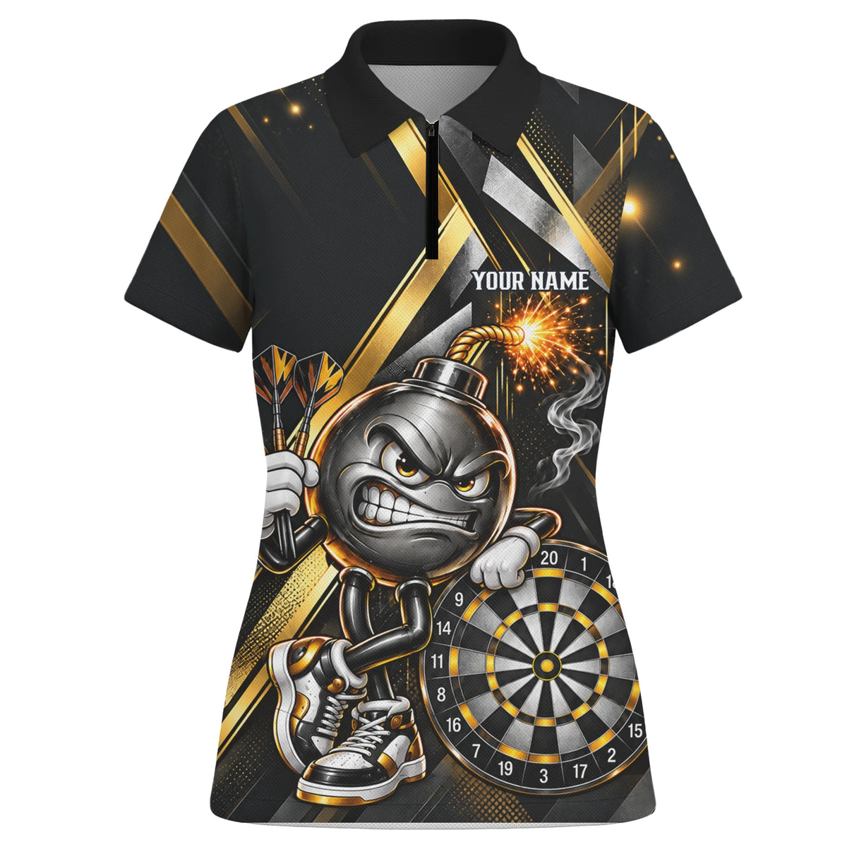 Personalisiertes Dartshirt in Schwarz und Gold mit wütender Comic-Bombe, Pokal und Dartscheibe für Damen R0150
