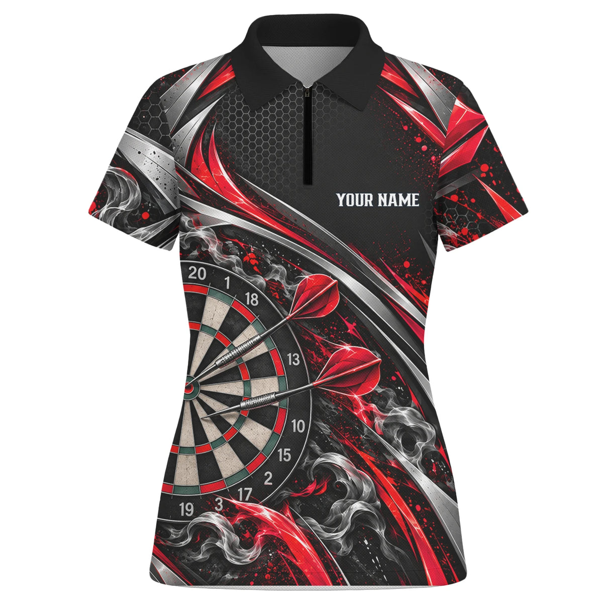 Personalisiertes Dartshirt in Schwarz, Rot und Silber mit geschwungenen Linien und Dartscheibe für Damen L9172