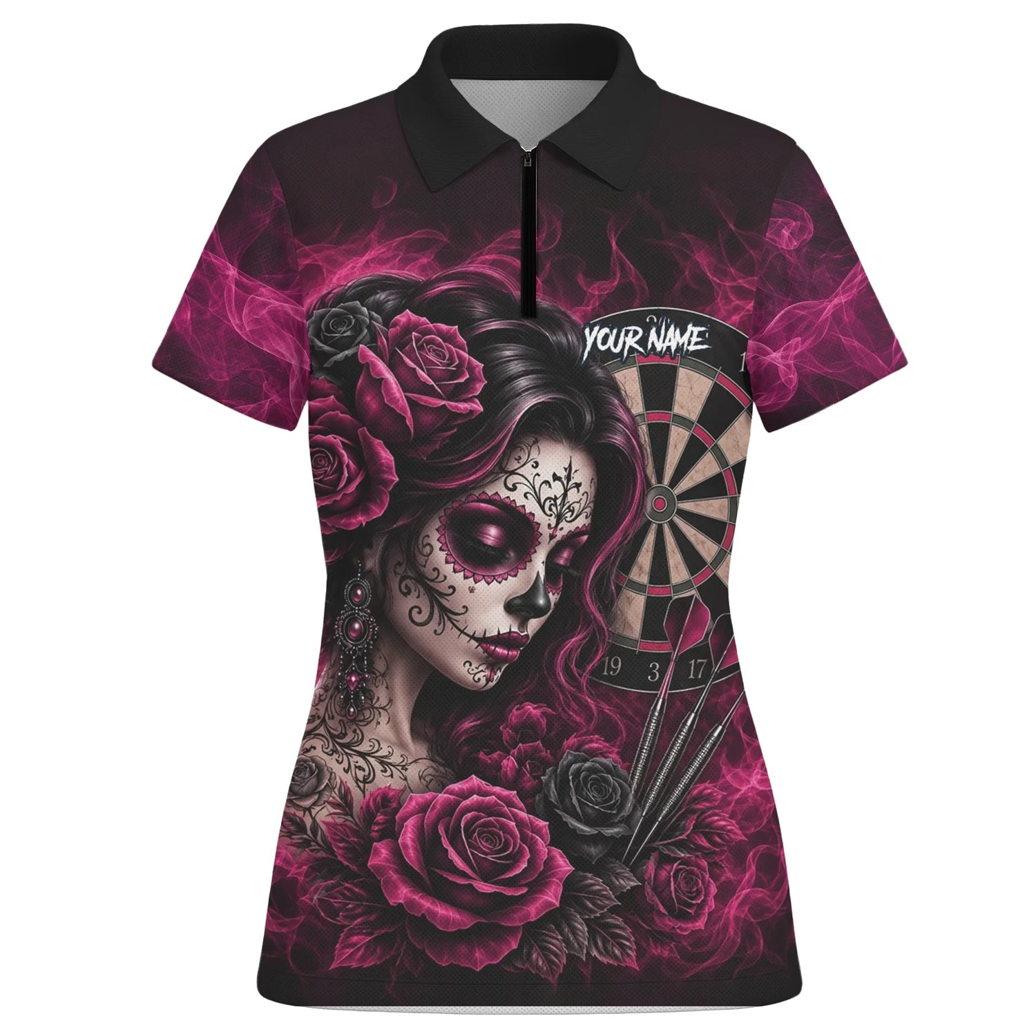 Personalisiertes Schwarz-pink Sugar-Skull-Rosen-Dartshirt für Damen Z109