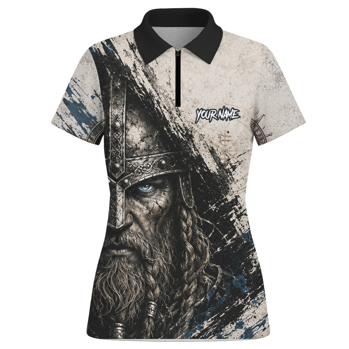 Personalisiertes Dartshirt mit weiß-schwarz-blauem Wikinger für Damen U843
