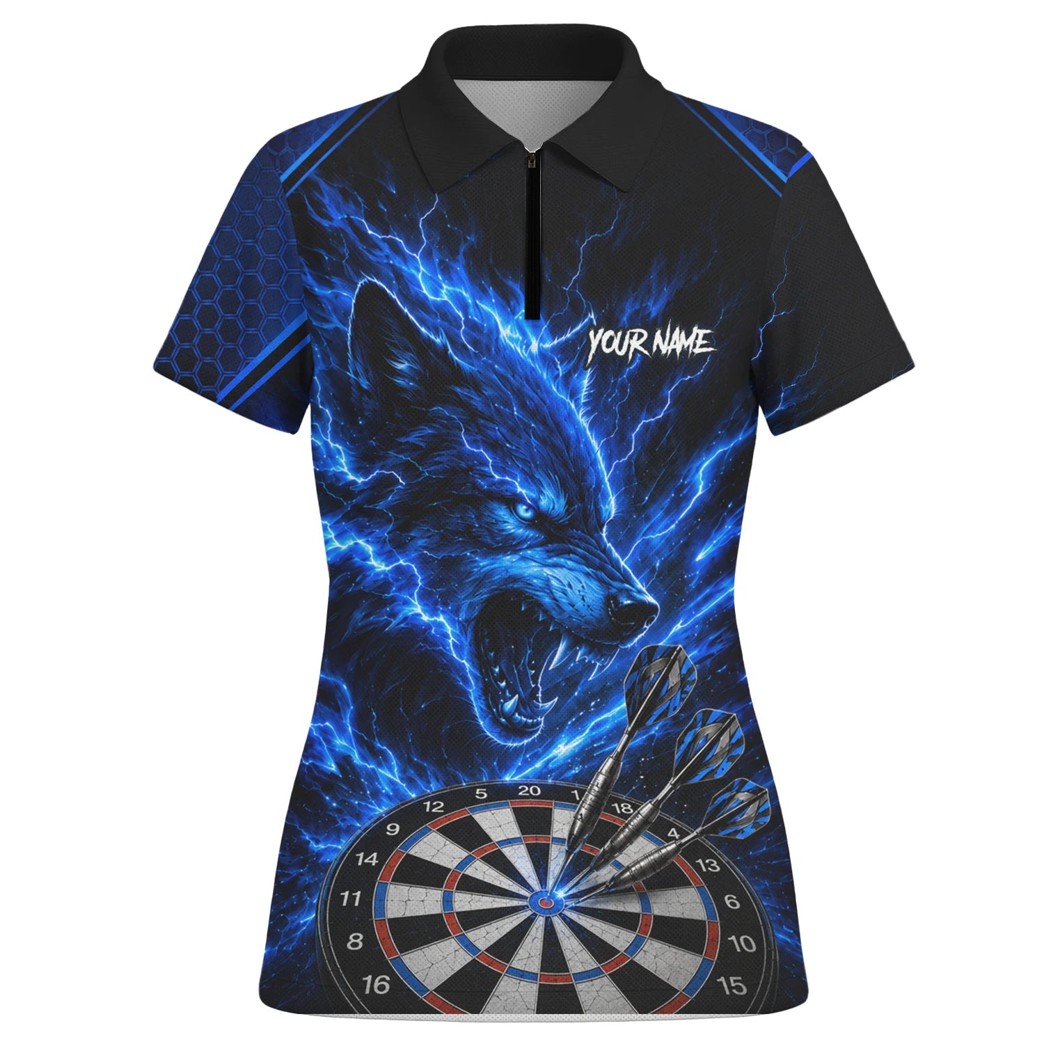 Personalisiertes Schwarz-blaues Wolf-Blitz-Dartshirt für Damen Y375