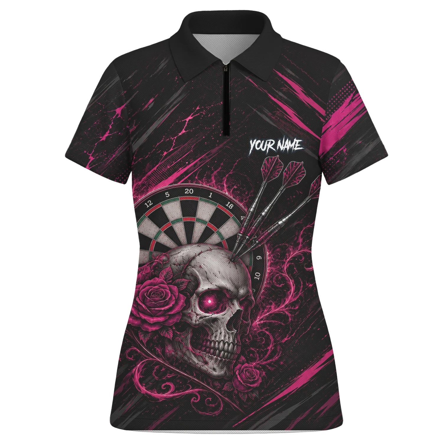 Personalisiertes Schwarz-pink Totenkopf-und-Rosen-Dartshirt für Damen V308