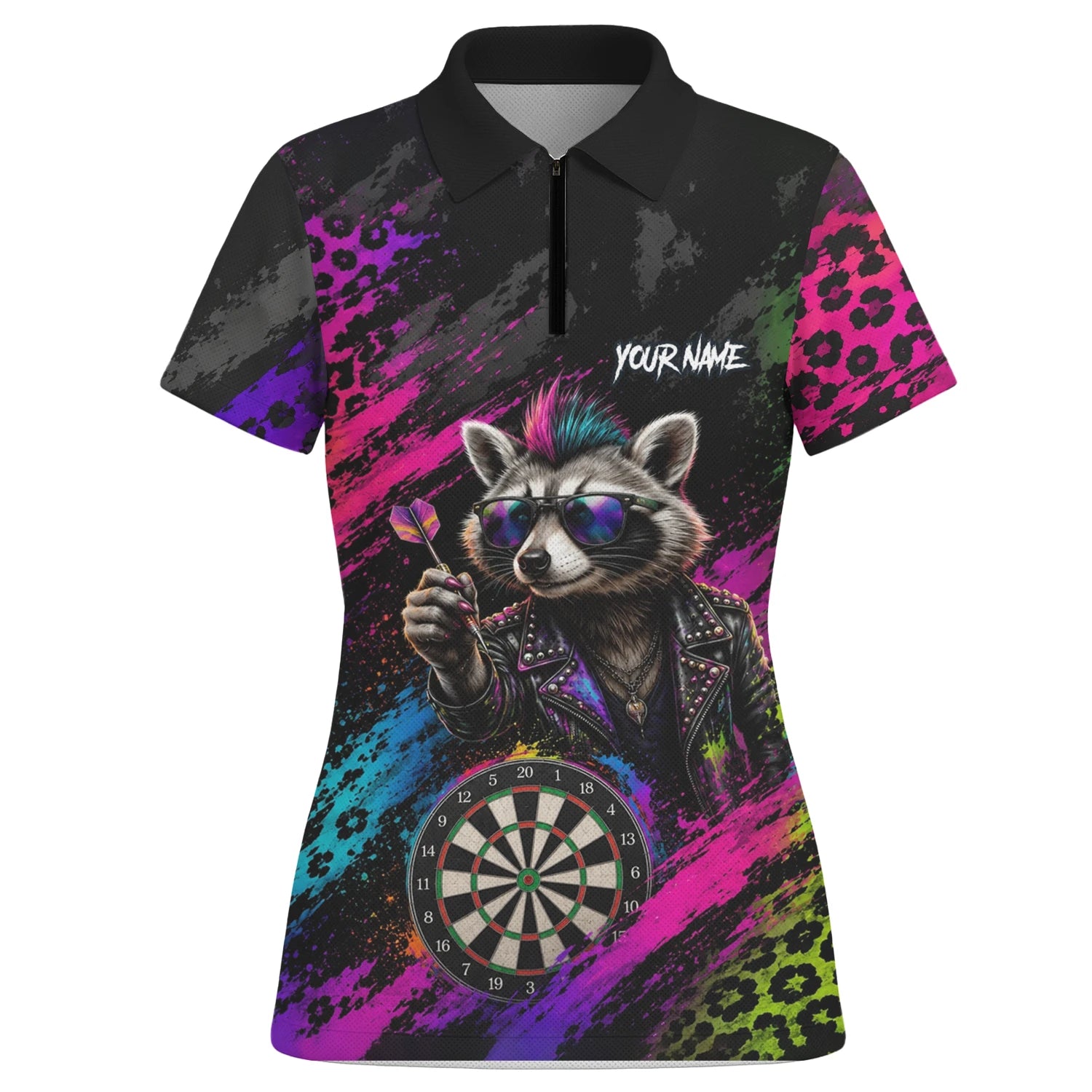Personalisiertes Schwarz-buntes Punk-Waschbär-Dartboard Dartshirt für Damen E164